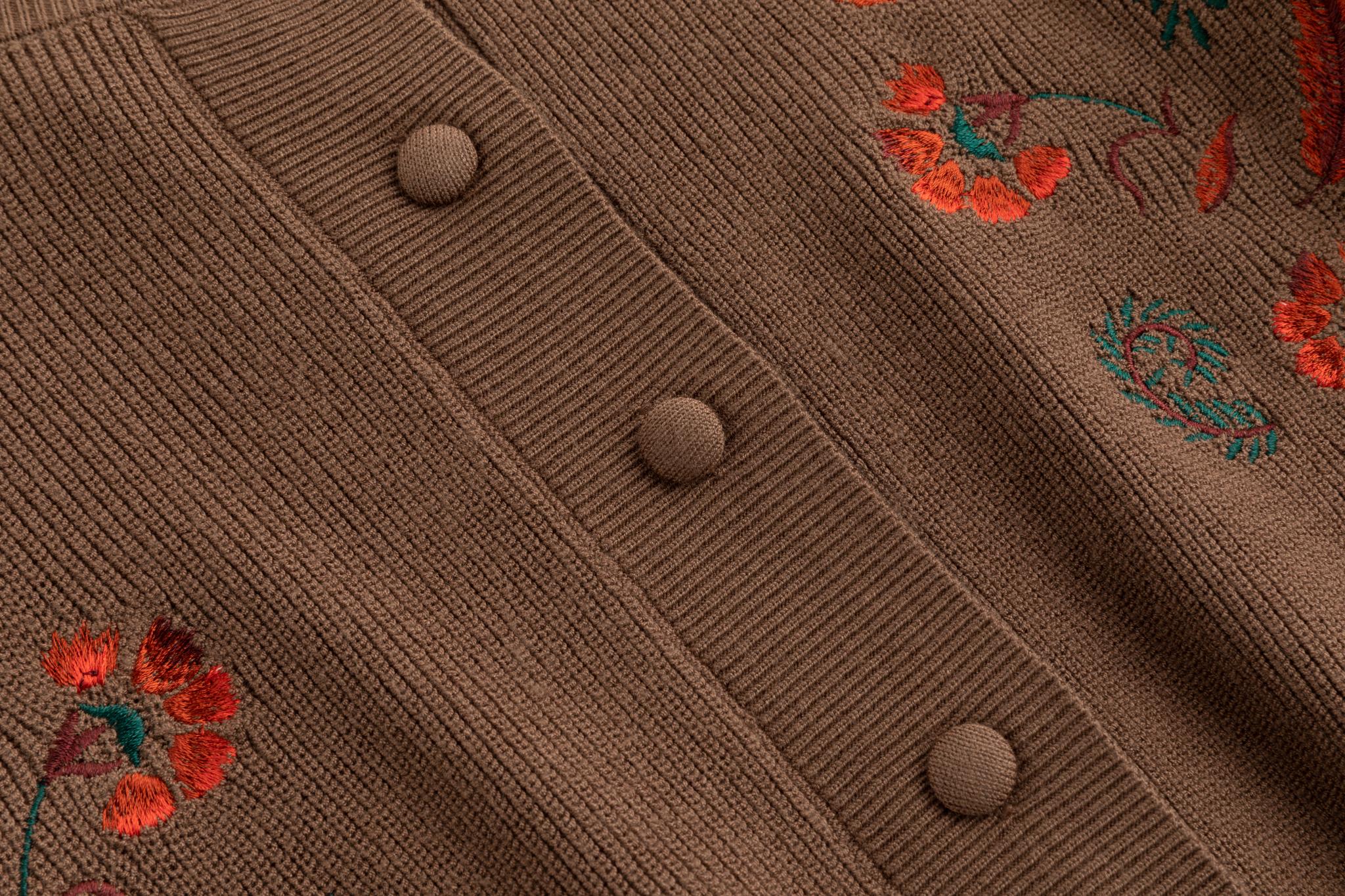 Cardigan With Red Flower Embroidery - Brown - Image 4