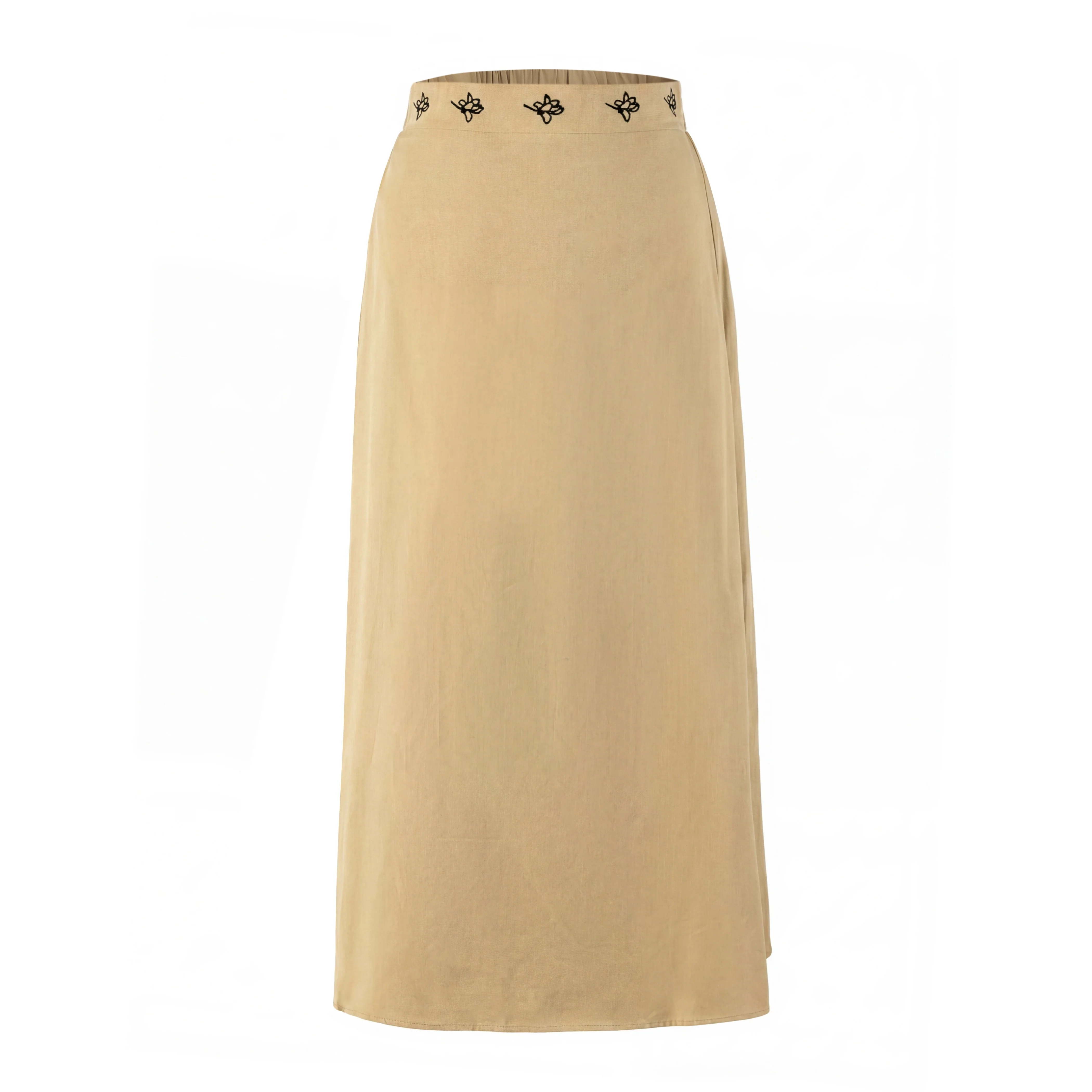 Cotton Skirt With Embroidered Waistband - Tan - Image 2