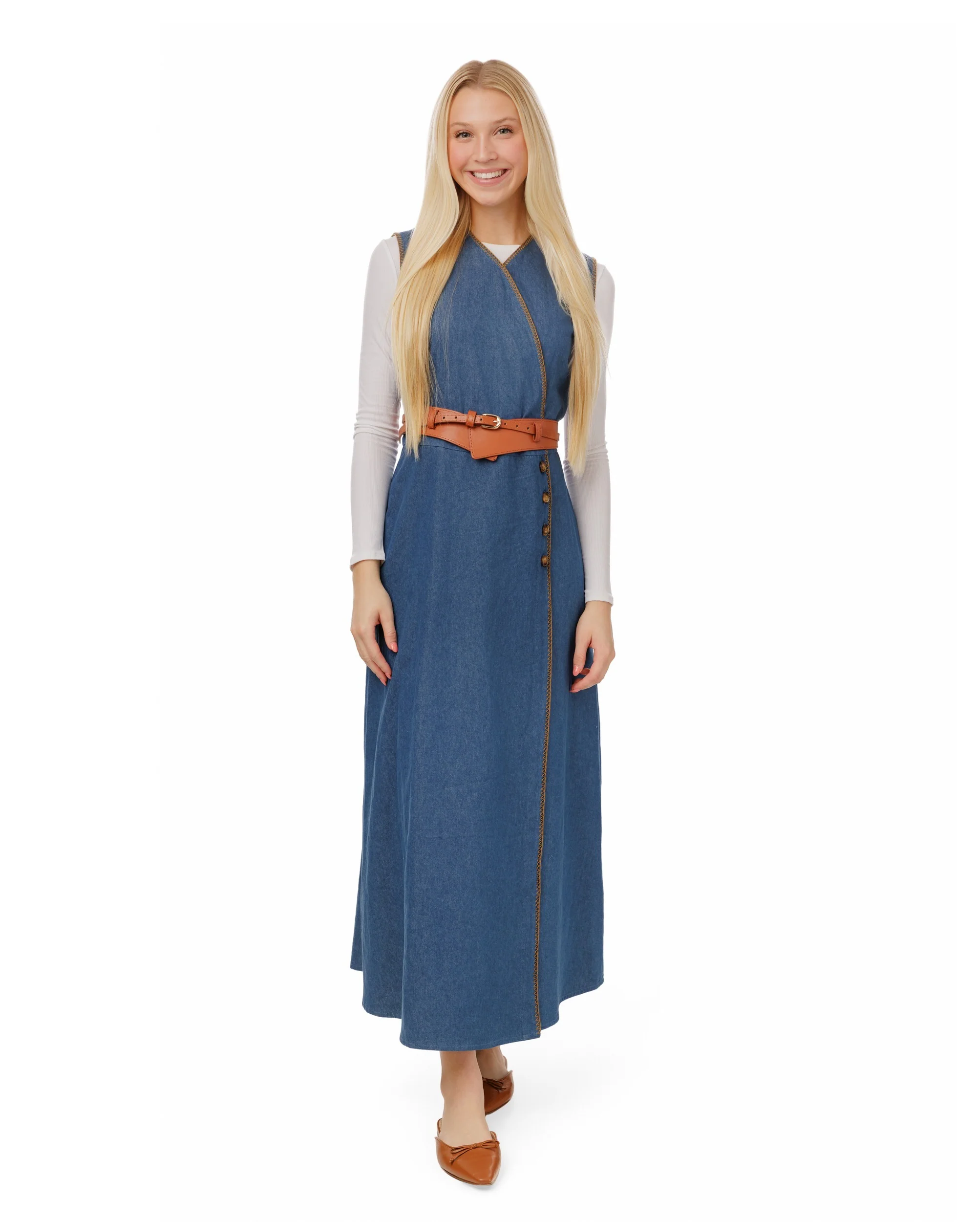 Denim Jumper With Tan Topstitching - Image 2