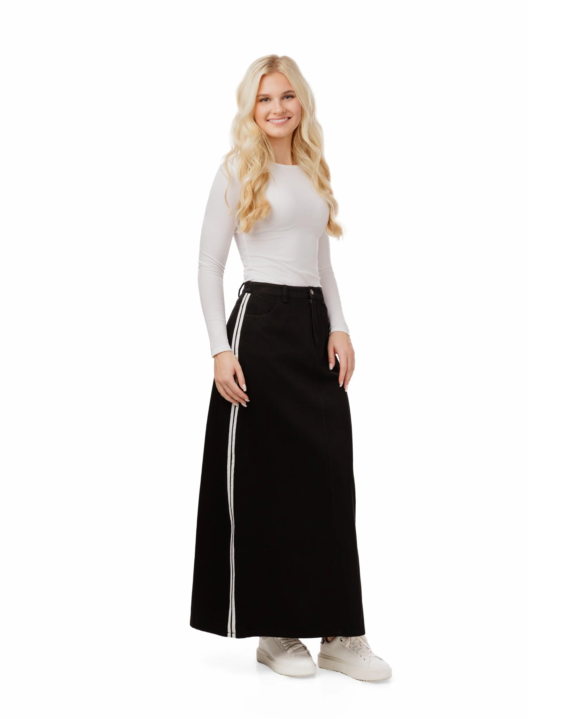 Denim Skirt With 2 Stripes Down The Side - Black
