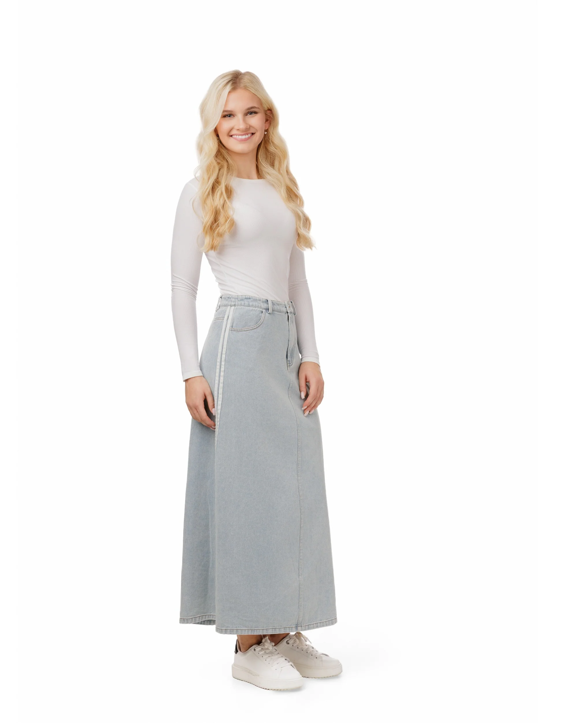 Denim Skirt With 2 Stripes Down The Side - Light Blue