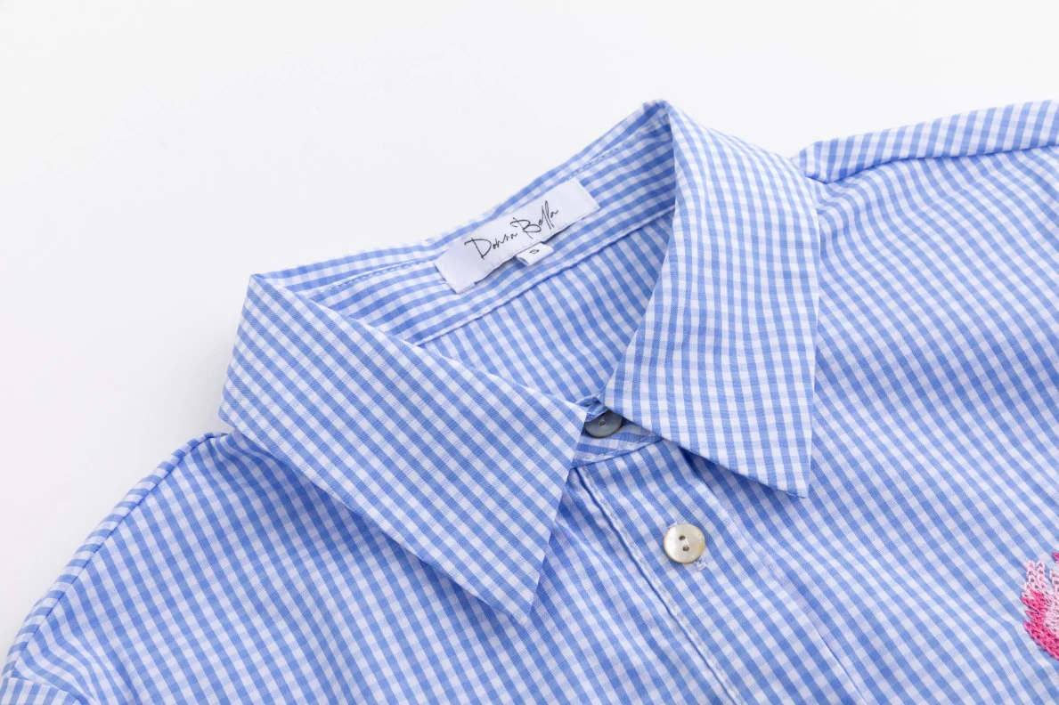 Embroidered Pocket Blue Mini Checkered Shirt - Image 5
