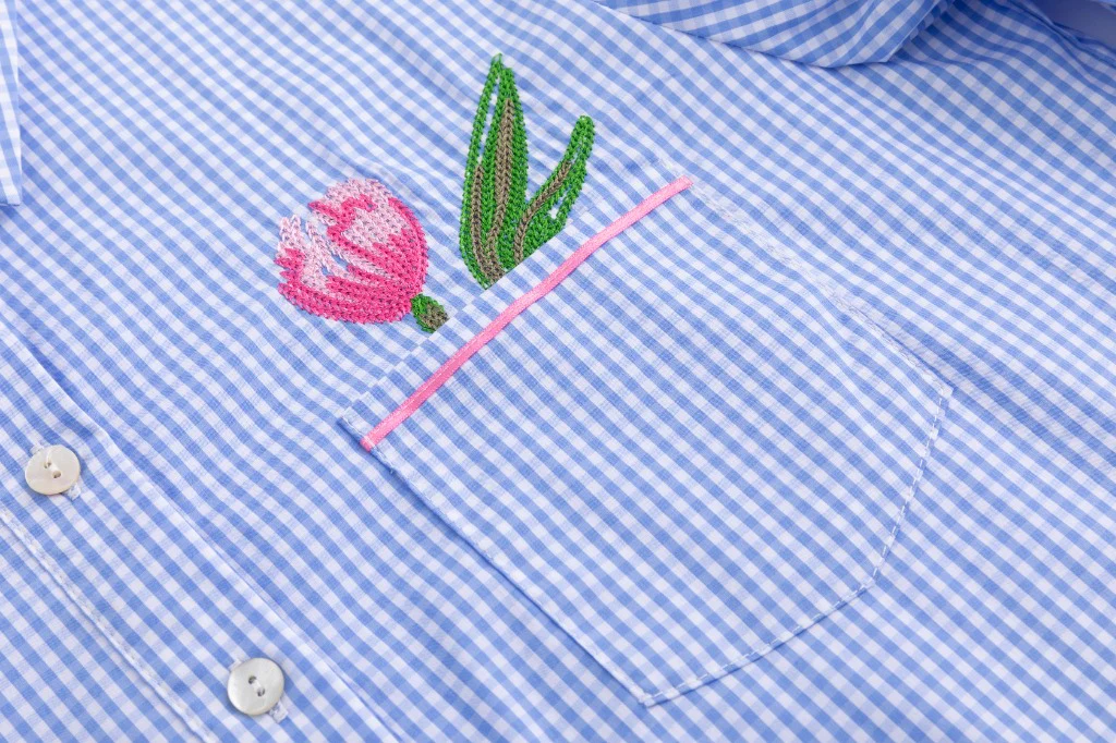 Embroidered Pocket Blue Mini Checkered Shirt - Image 6