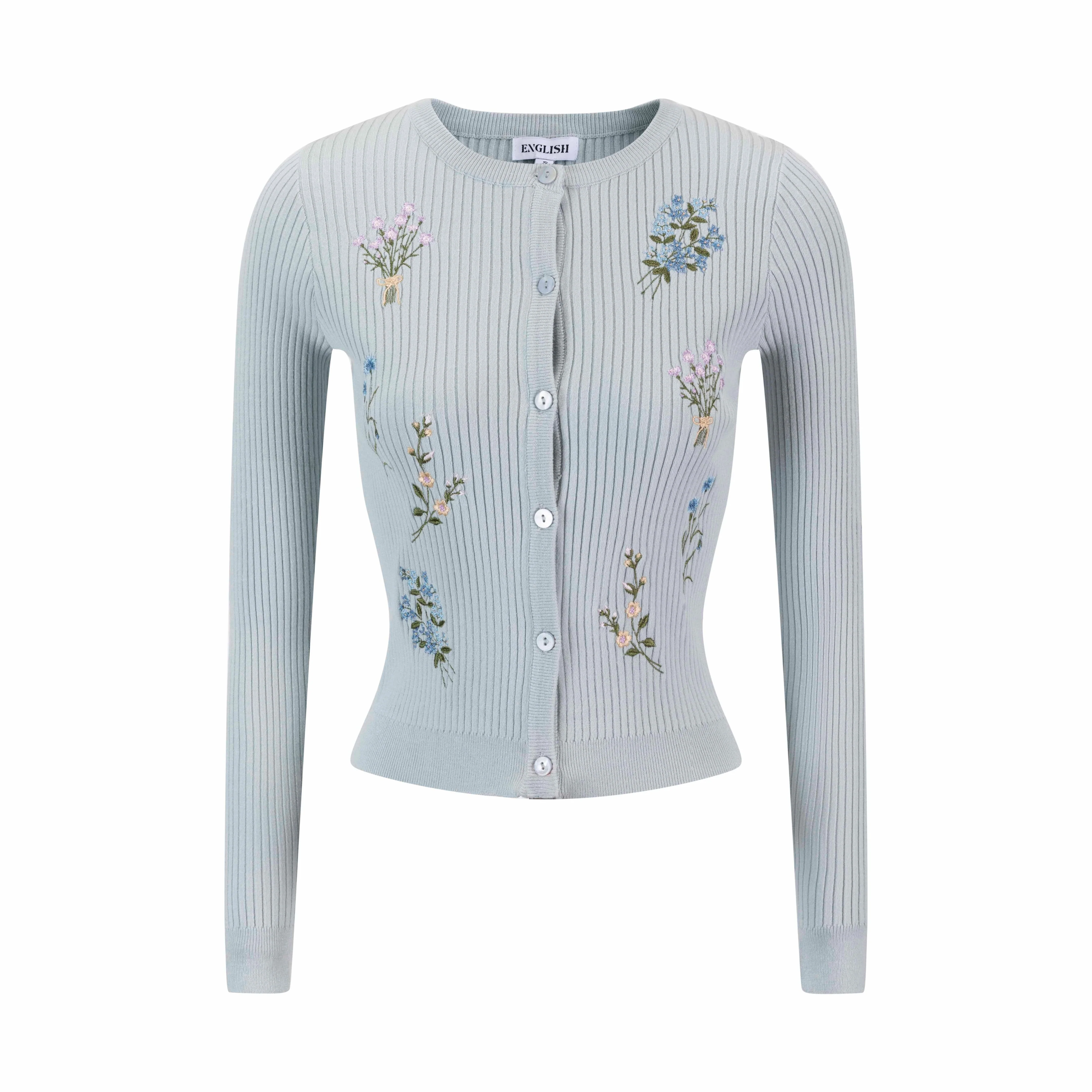 Embroidered Ribbed Knit Cardigan - Light Blue - Image 2