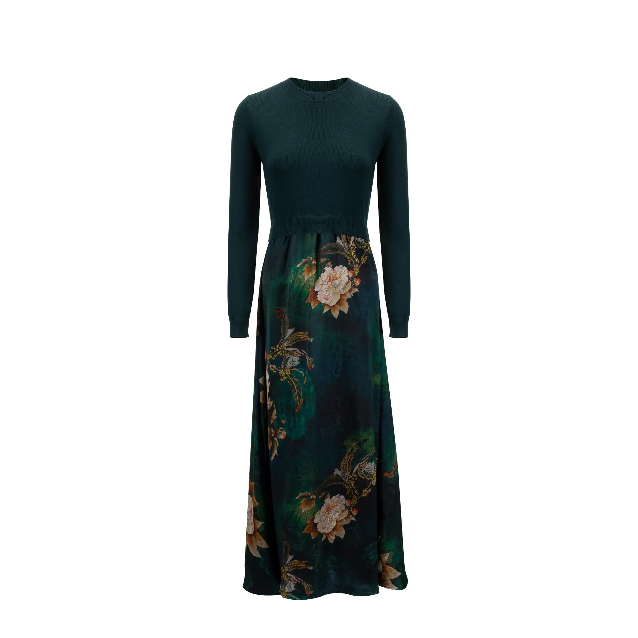 Emerald Green Knit Overlay And Printed Satin Dress - Image 2
