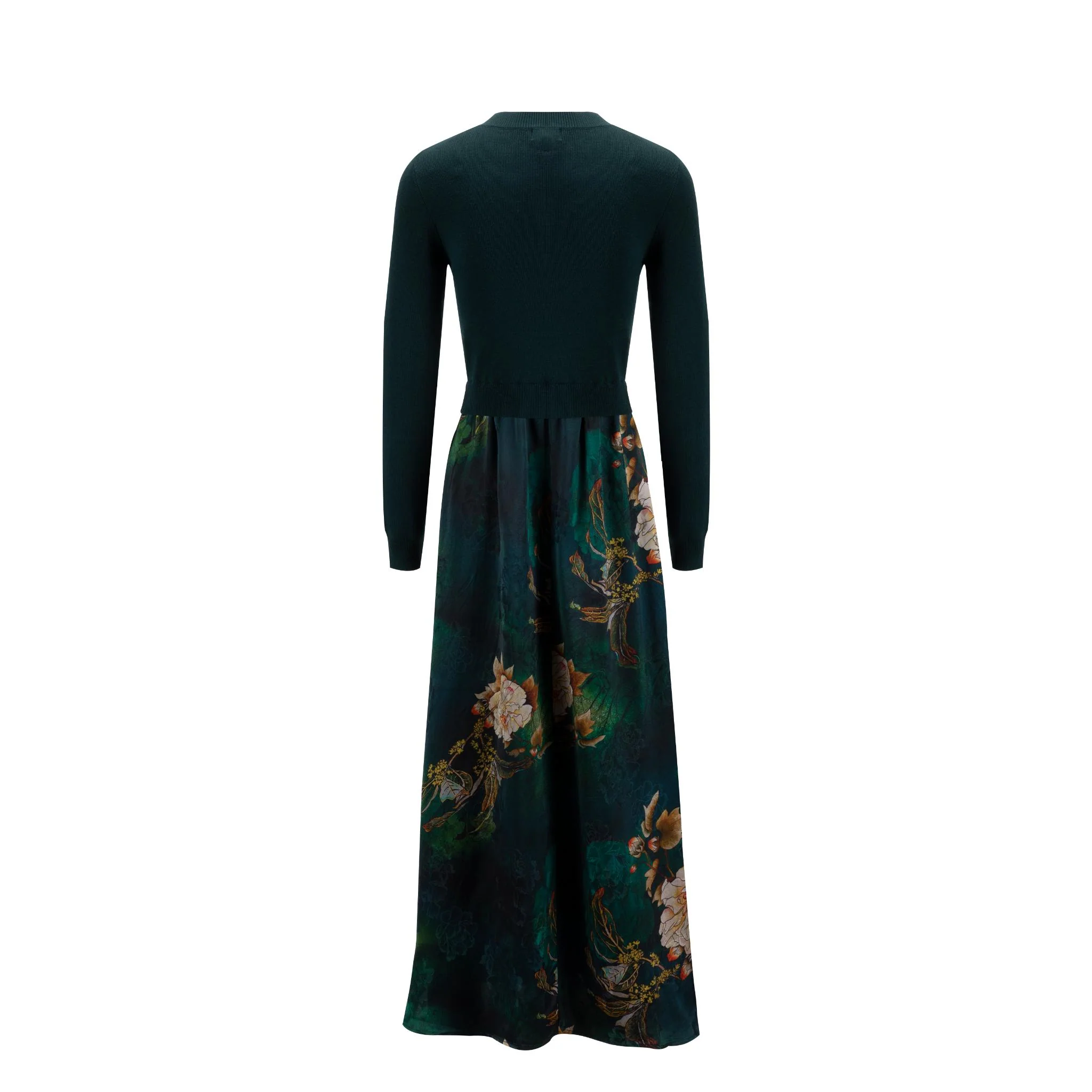 Emerald Green Knit Overlay And Printed Satin Dress - Image 3