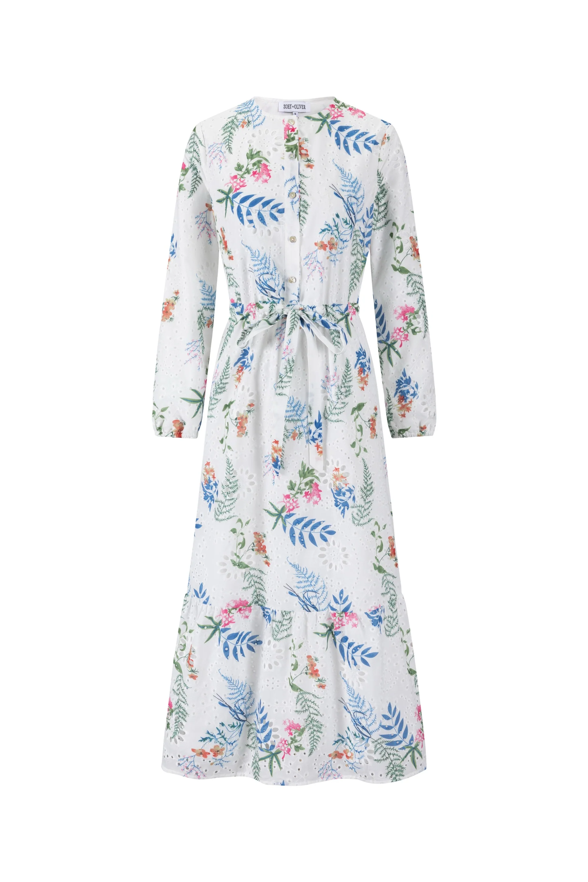 Eyelet White Dress With Blue Floral Print - Image 2