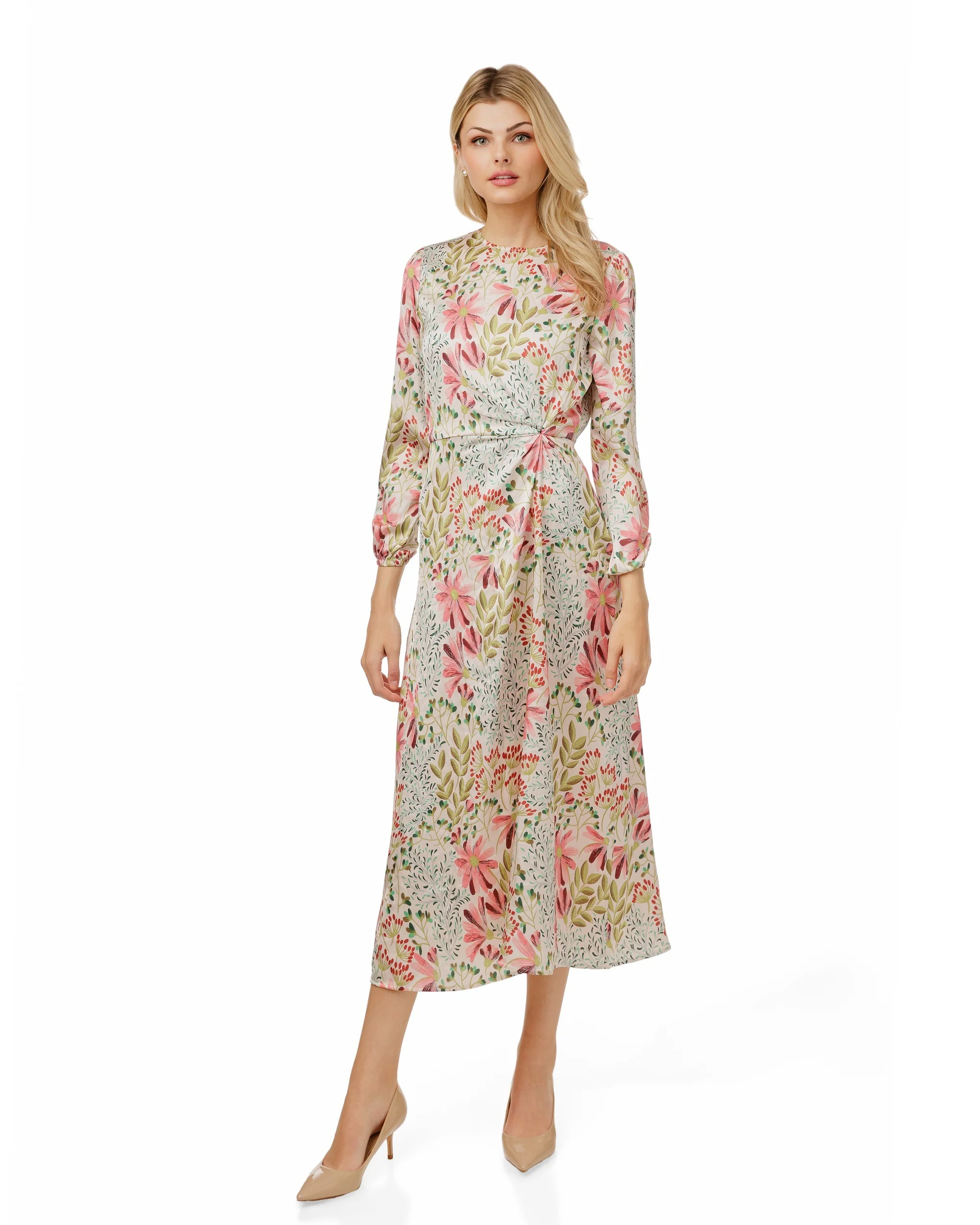 Floral Satin Dress With Knotted Waist - Image 2
