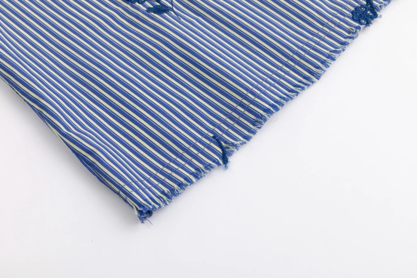 Frayed Hem Navy Embroidery Striped Shirt - Image 4