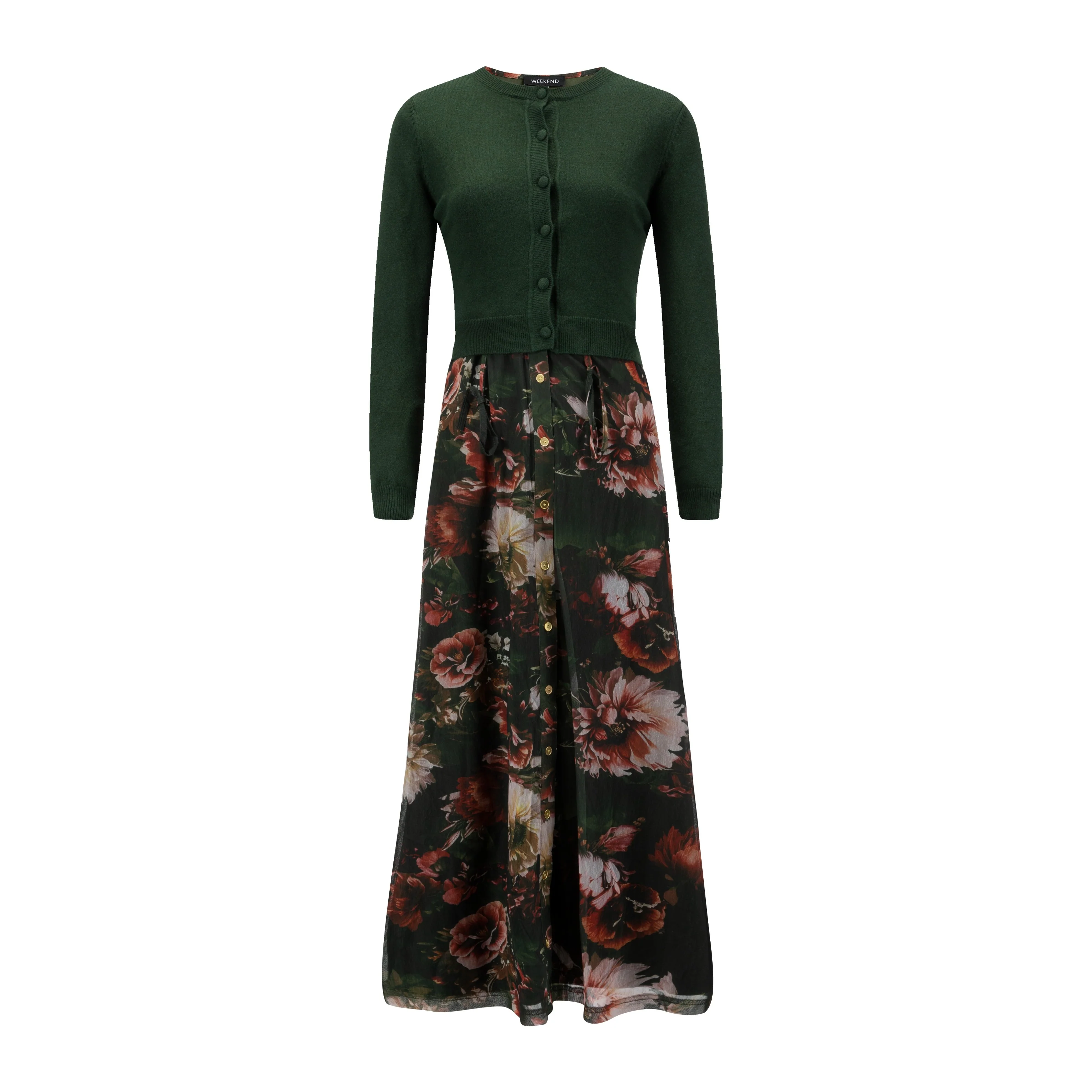 Green Floral Dress With Green Knit Cardigan - Image 2