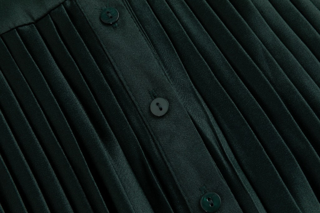 Green Satin Pleated Dress - Image 5