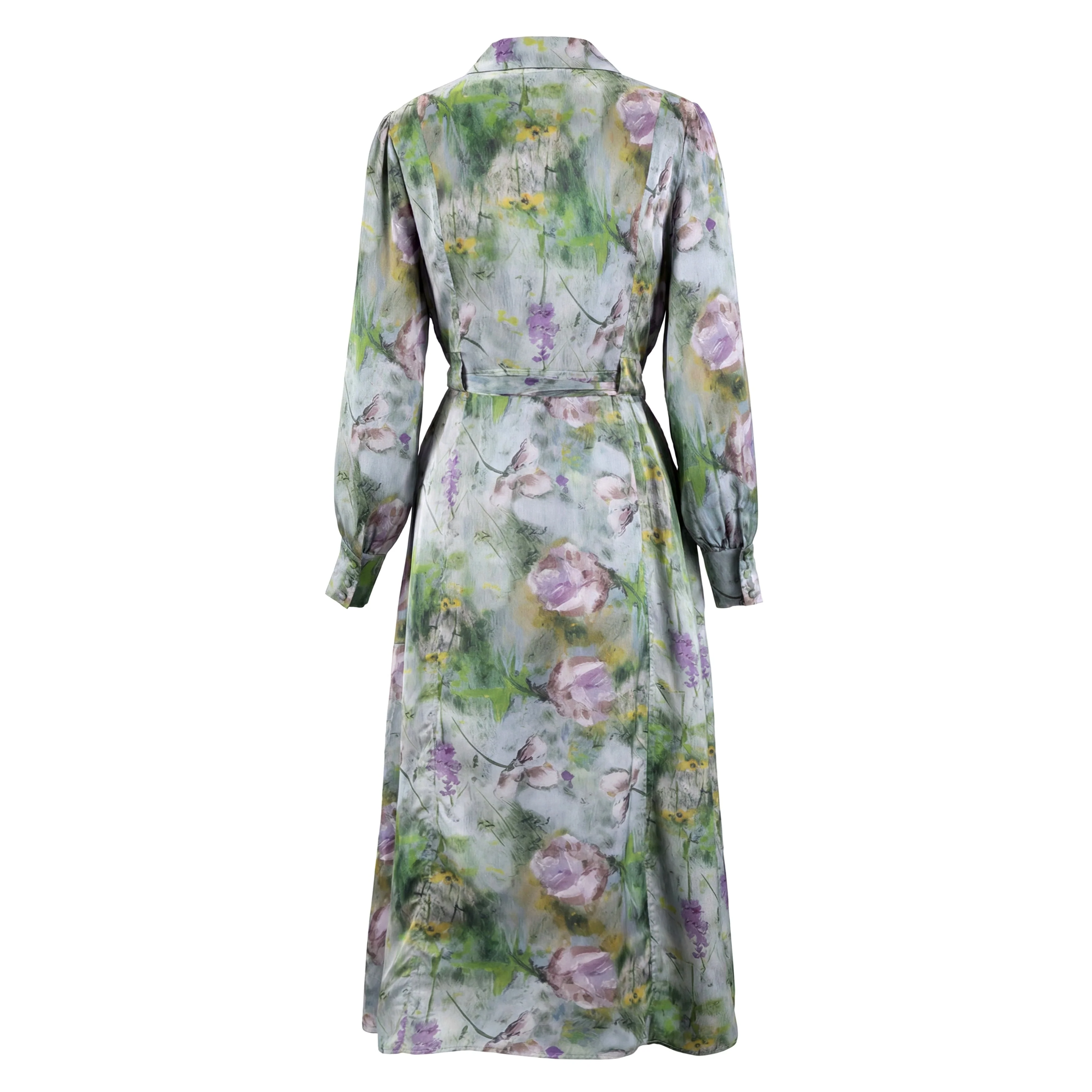 Grey Floral Satin Dress With Belt - Image 3