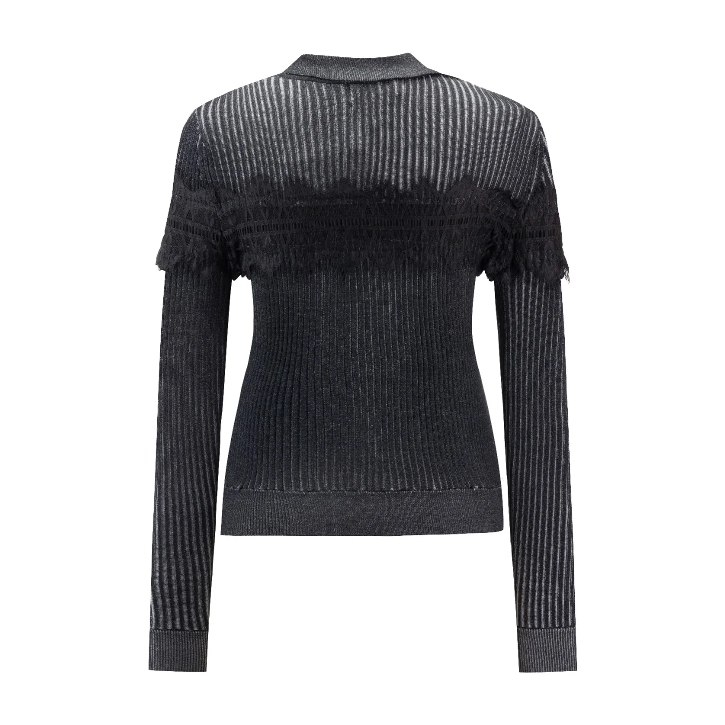 Grey Striped And Lace Blouse Knit Top - Image 3