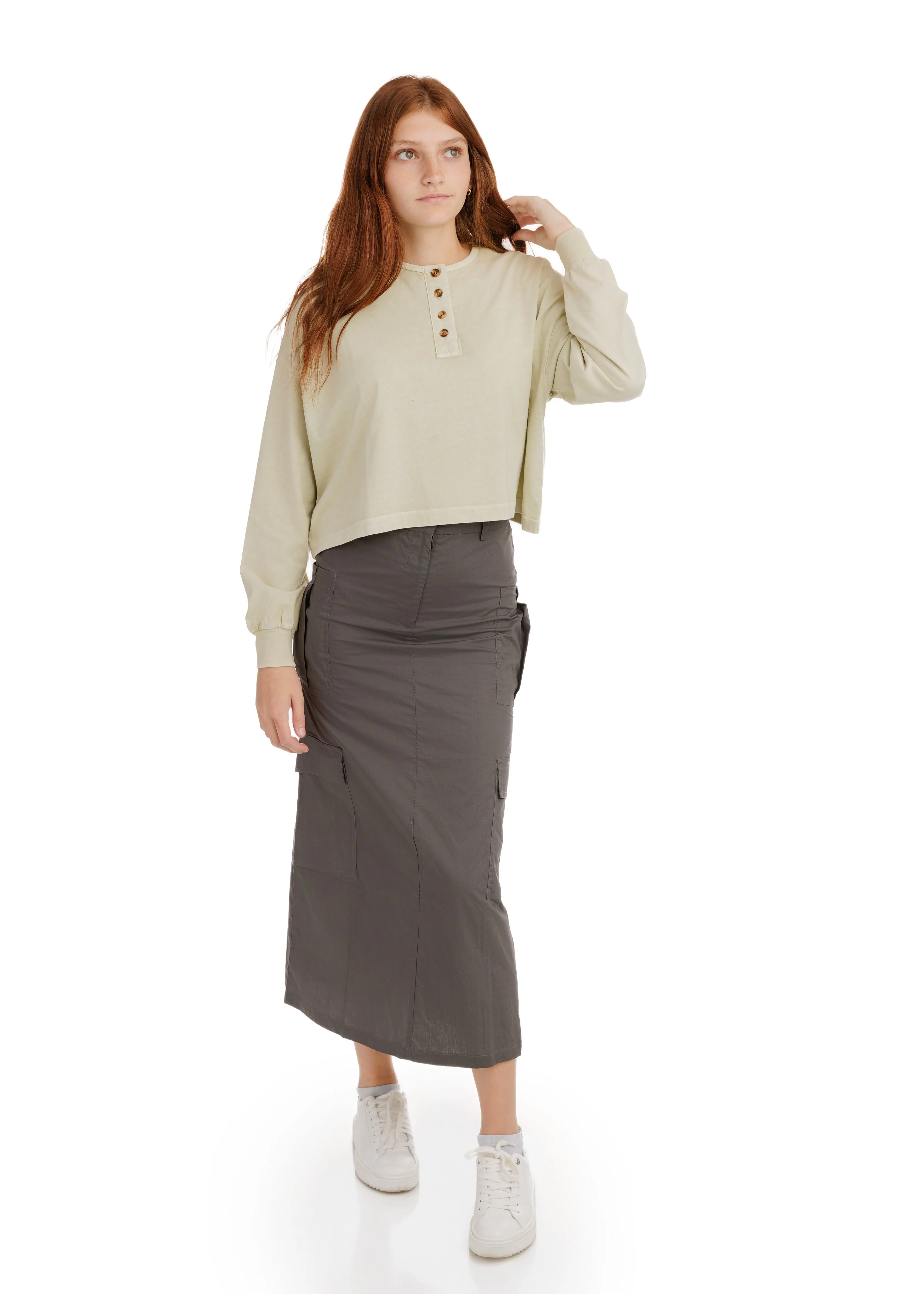 Henley Oversize Cropped T-Shirt - Light Pear - Image 3