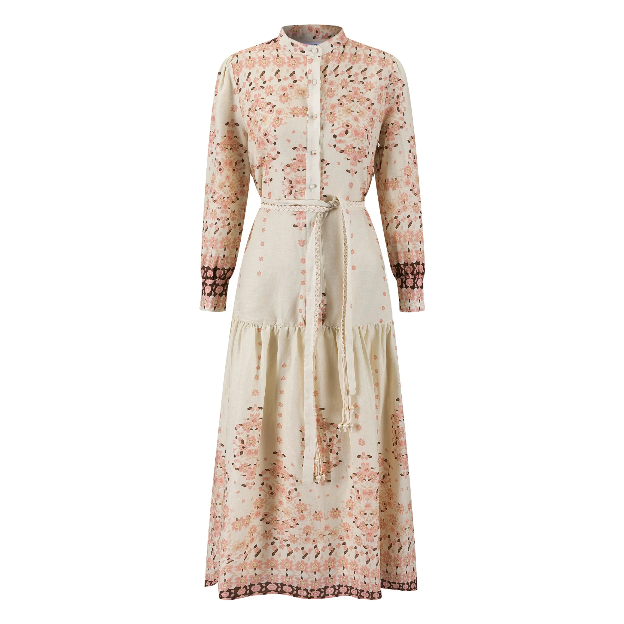 Ivory And Pink Printed Belted Dress - Image 2