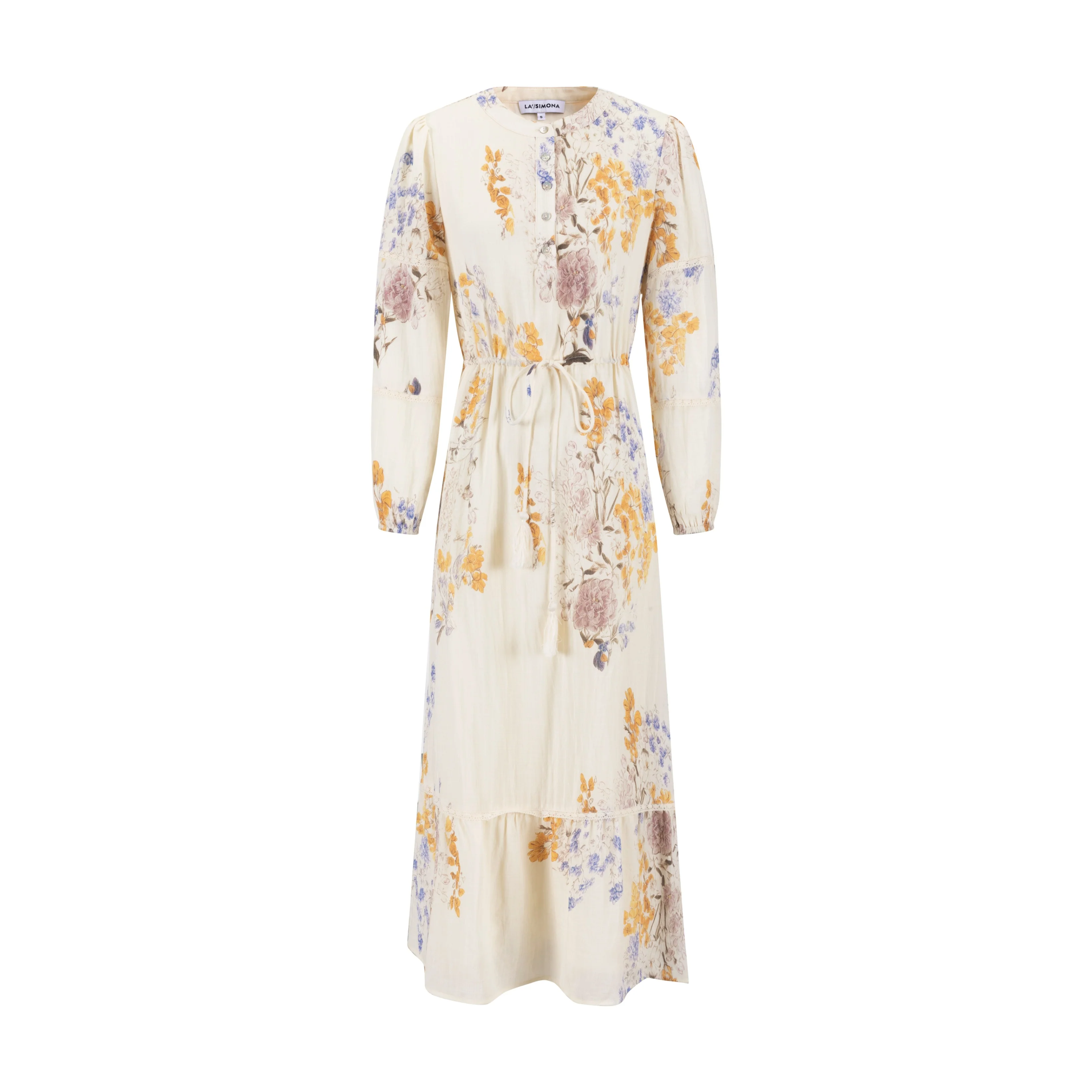 Ivory Base Floral Dress With Lace Trim Sleeves - Image 2