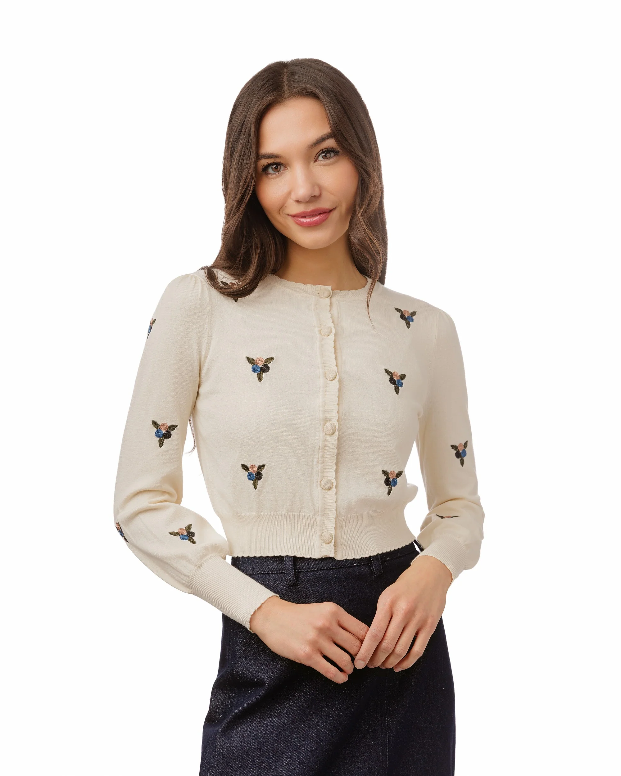 Knit Cardigan With Triangle Embroidery - Cream - Image 2