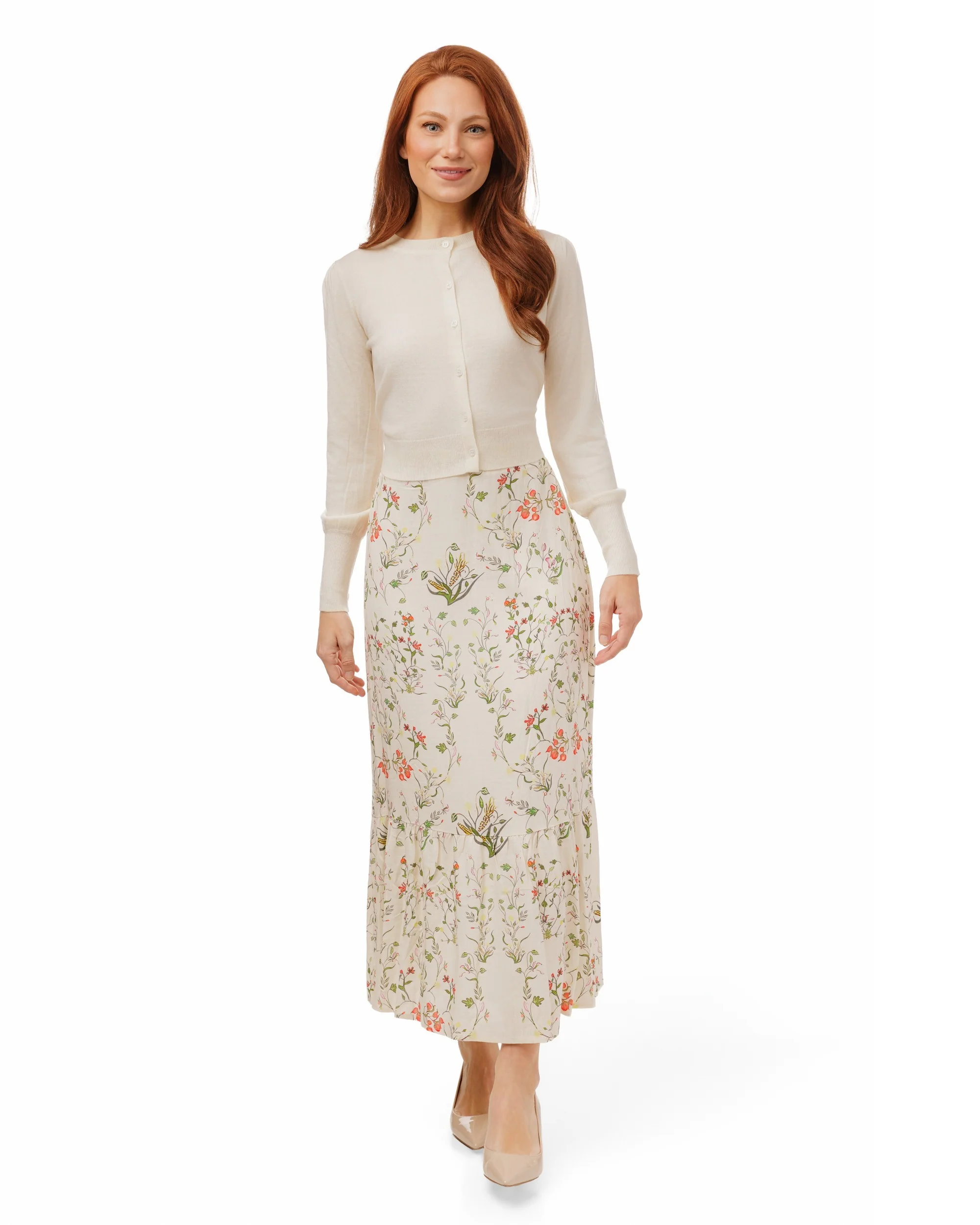 Ivory Knit Cardigan With Ribbed Waistband and Cuffs