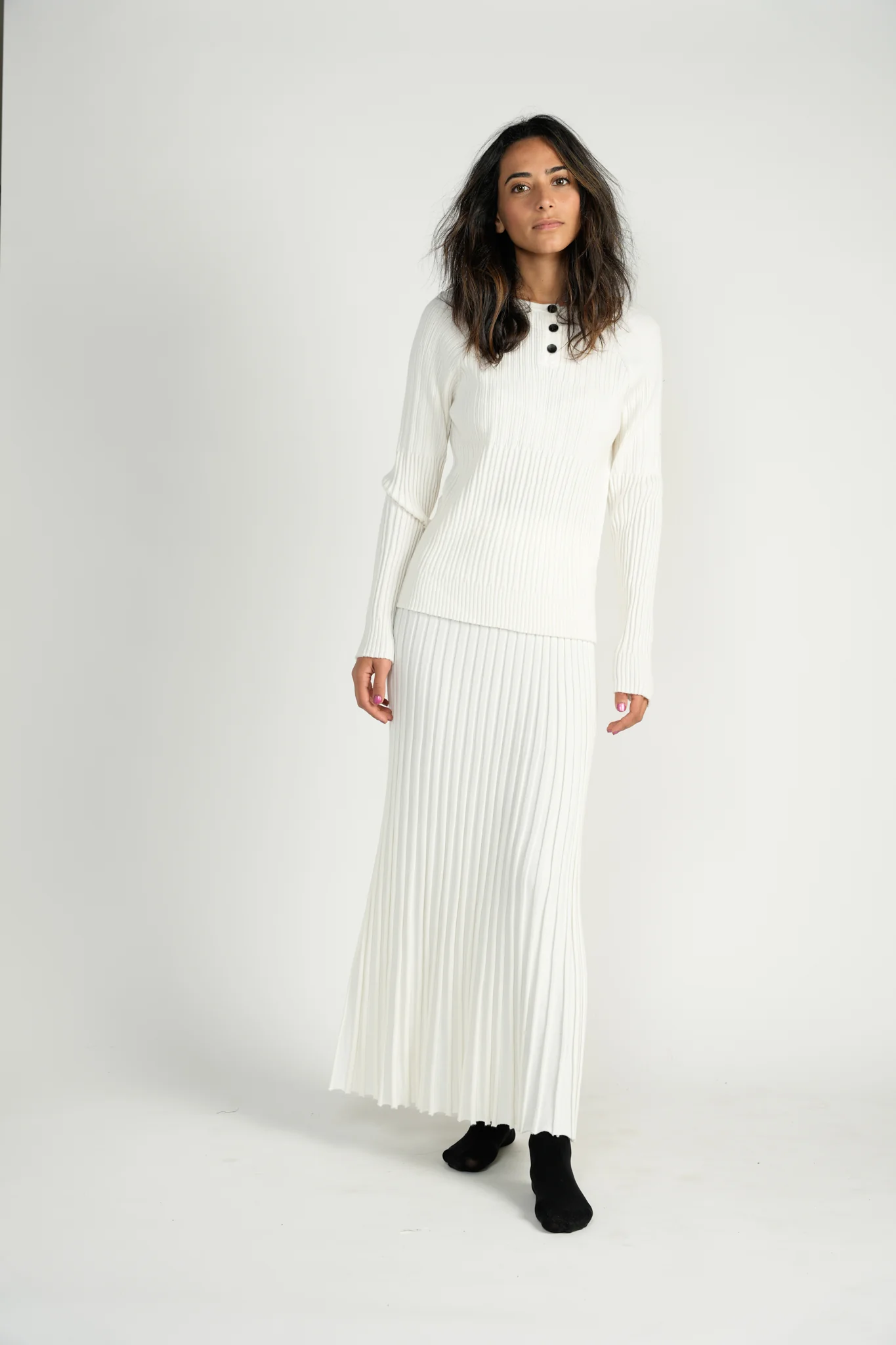 Ivory Knit Ribbed Top With Marled Buttons - Image 2