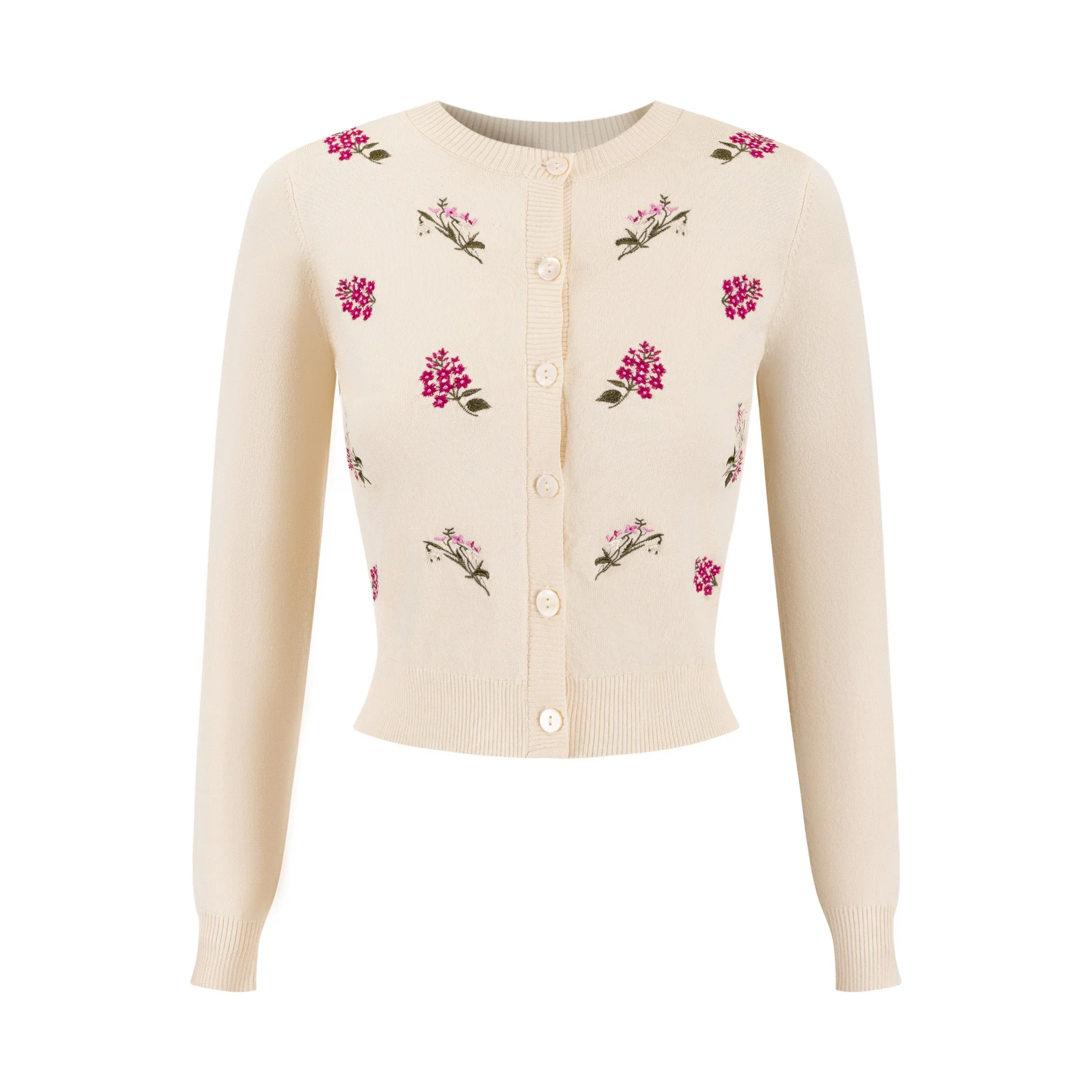 Knit Cardigan With Raspberry Floral Clusters - Ivory