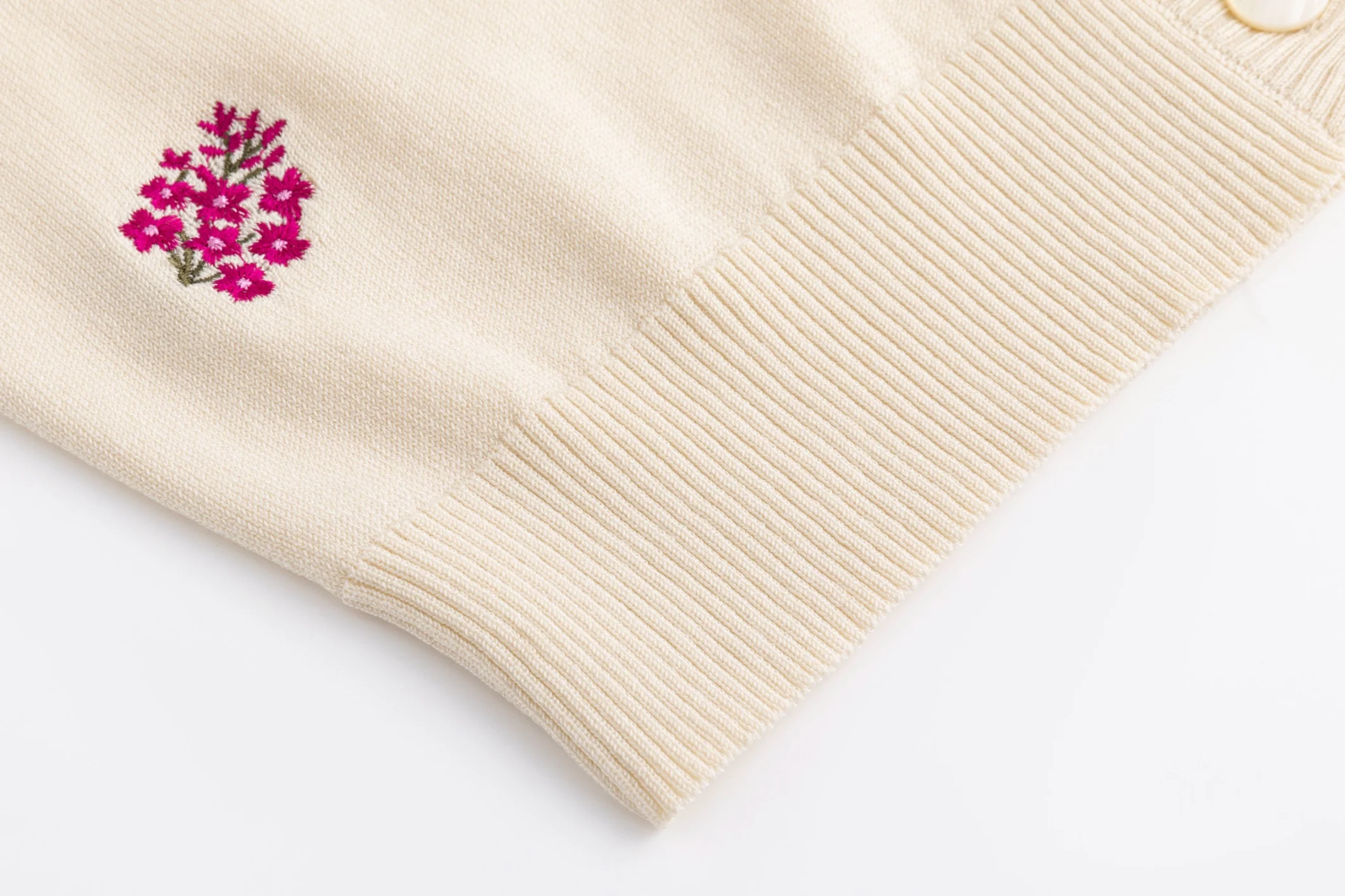 Knit Cardigan With Raspberry Floral Clusters - Ivory - Image 3