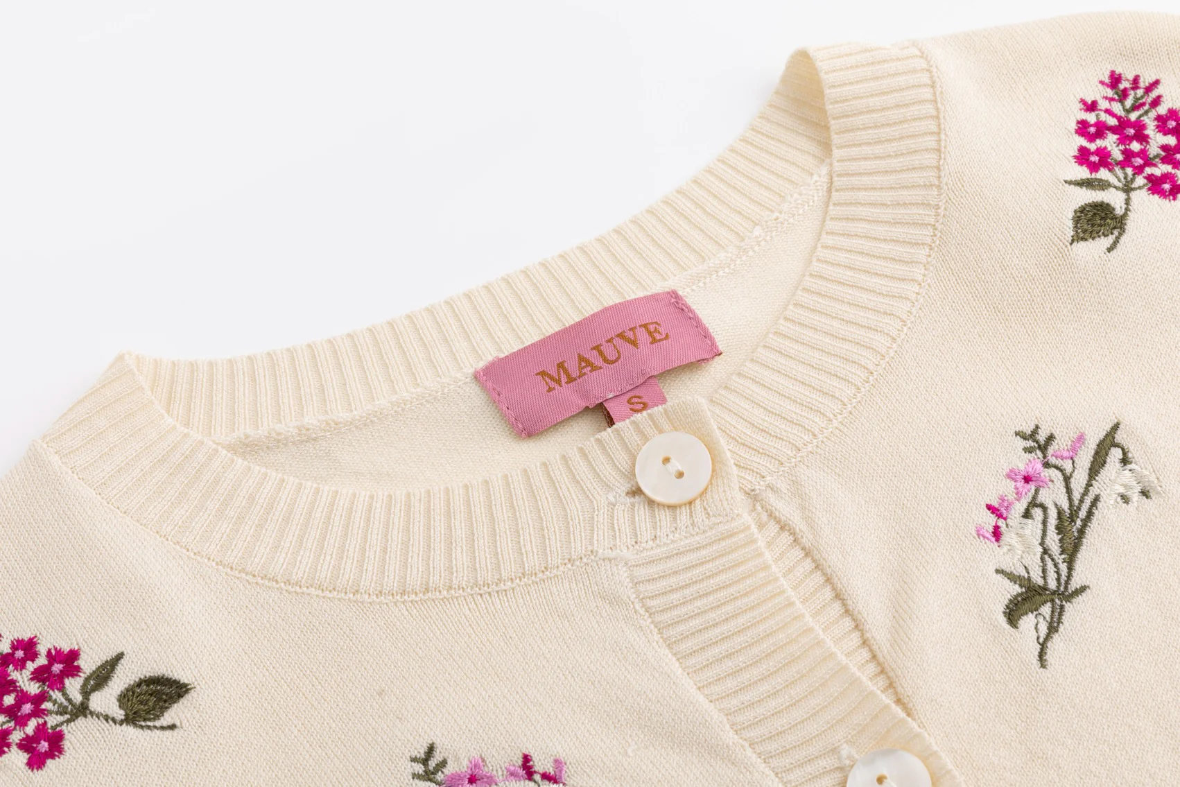 Knit Cardigan With Raspberry Floral Clusters - Ivory - Image 4