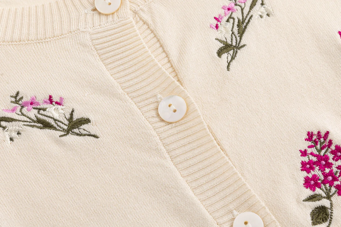 Knit Cardigan With Raspberry Floral Clusters - Ivory - Image 5