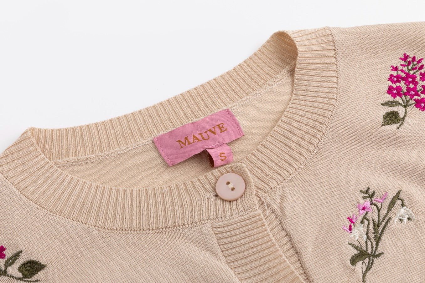Knit Cardigan With Raspberry Floral Clusters - Mauve - Image 3