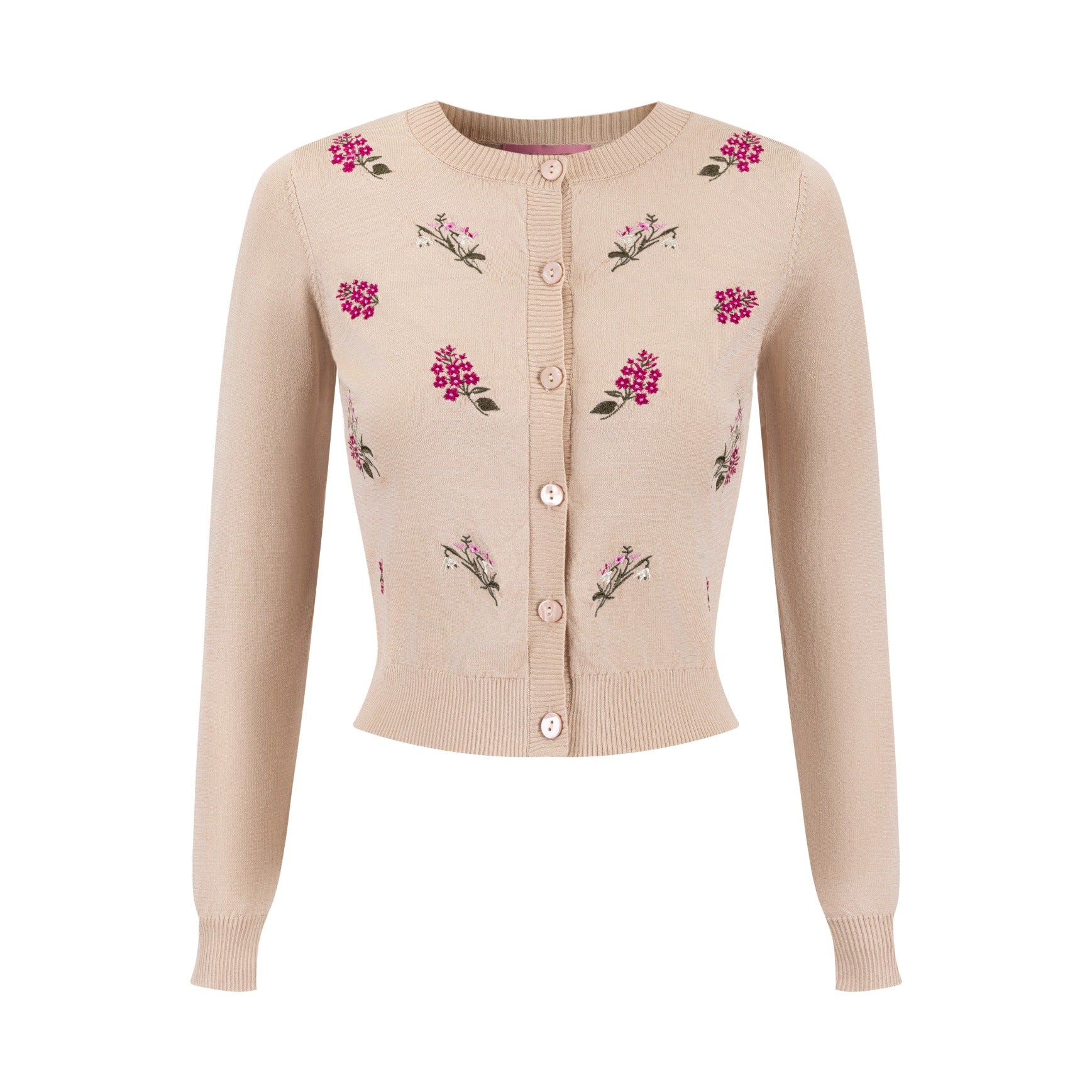 Knit Cardigan With Raspberry Floral Clusters - Mauve - Image 4