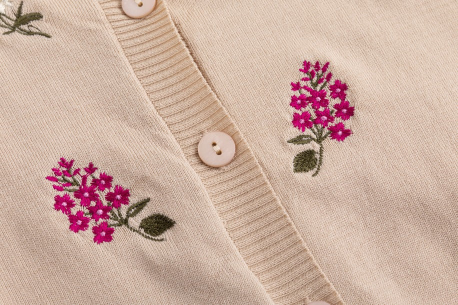 Knit Cardigan With Raspberry Floral Clusters - Mauve - Image 6