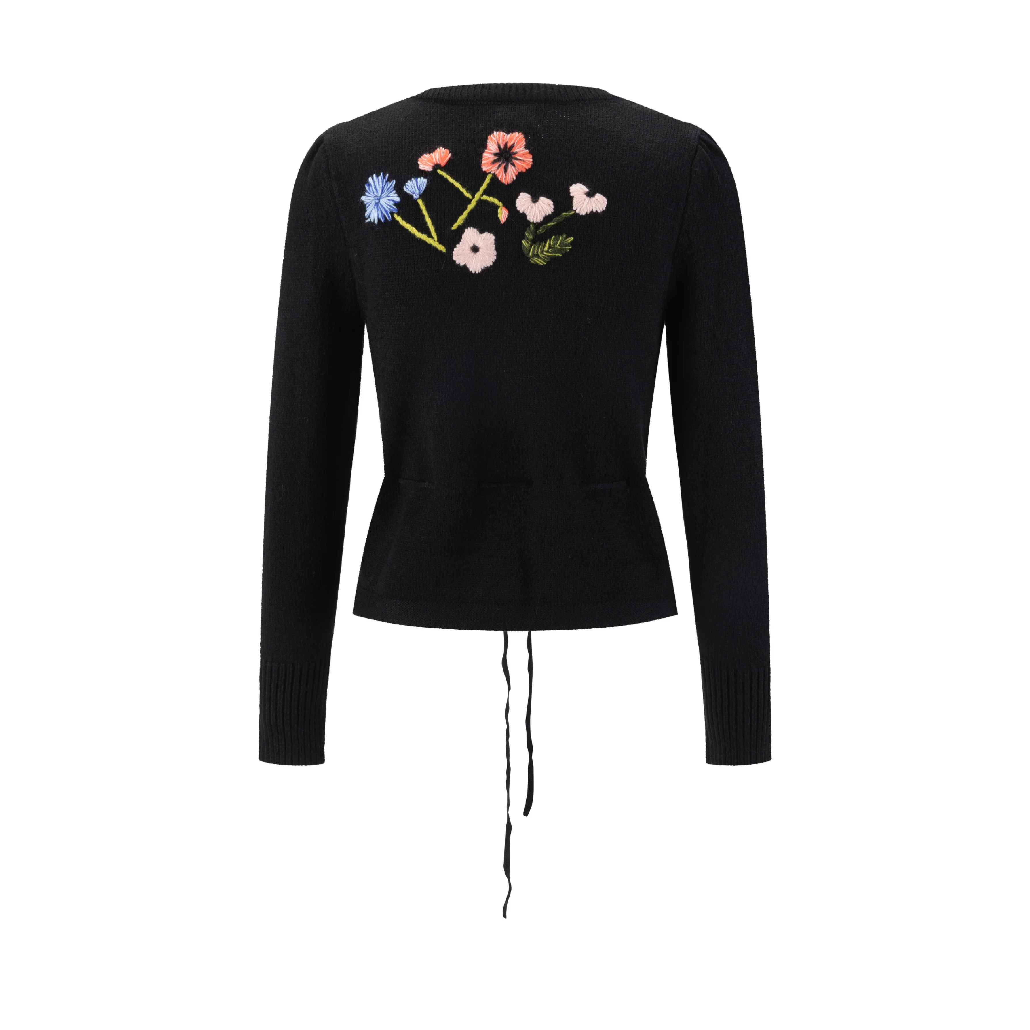 Knit Sweater With Floral Embroidery - Black - Image 2