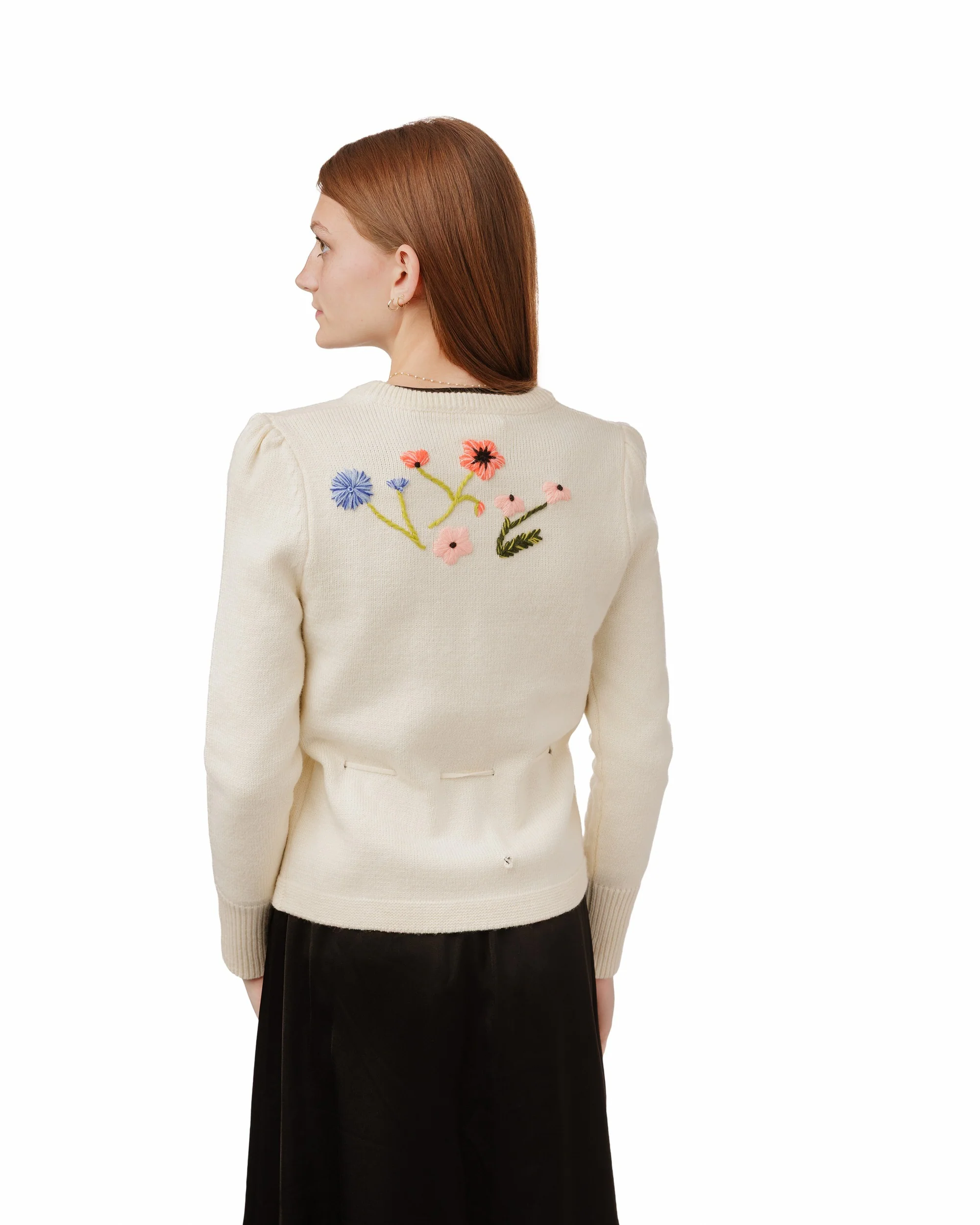 Knit Sweater With Floral Embroidery - Cream - Image 2