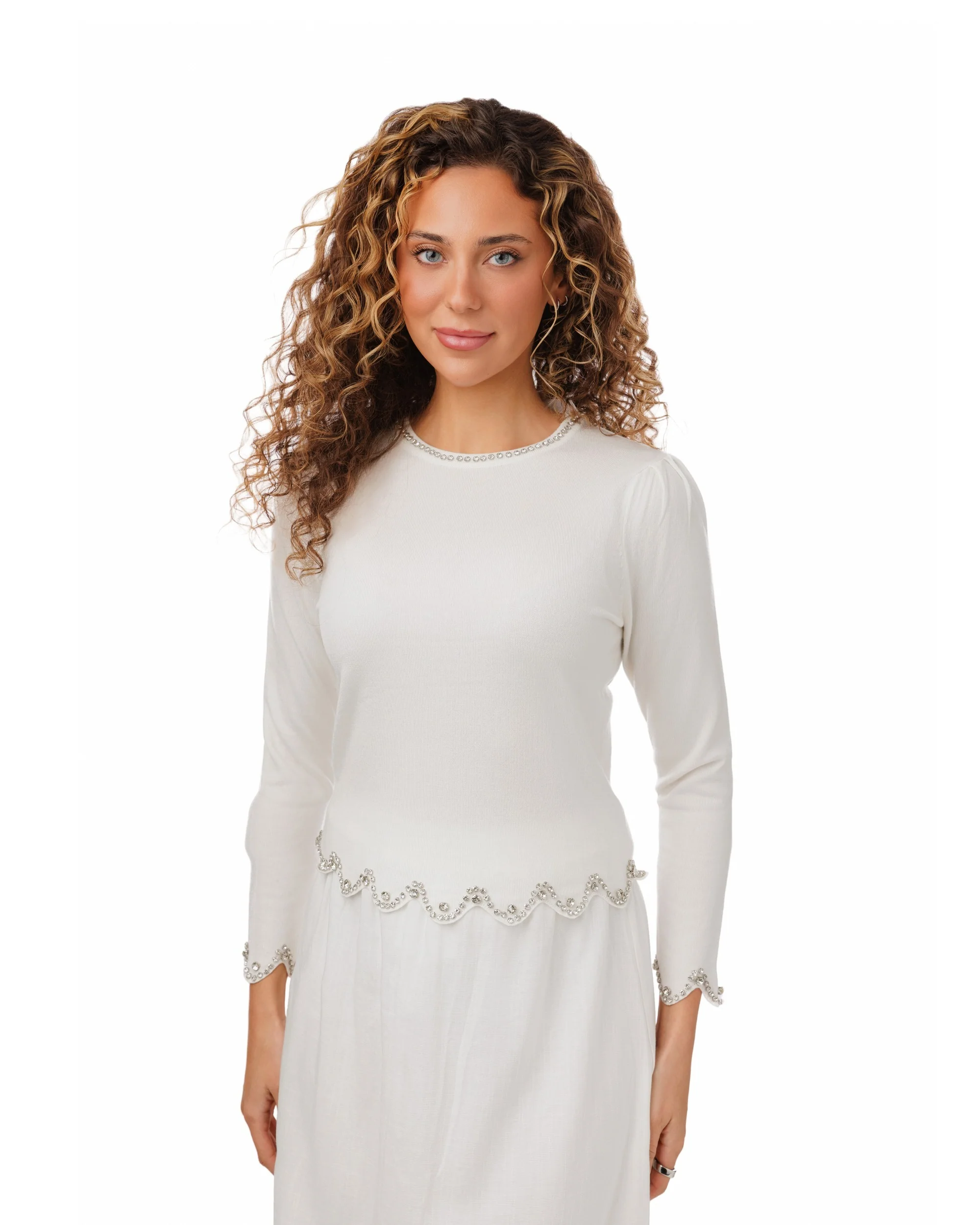 Knit Top With Beaded Cuff And Neckline - White