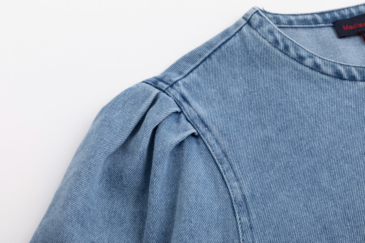 Lantern 3/4 Sleeve Denim Dress - Blue - Image 5