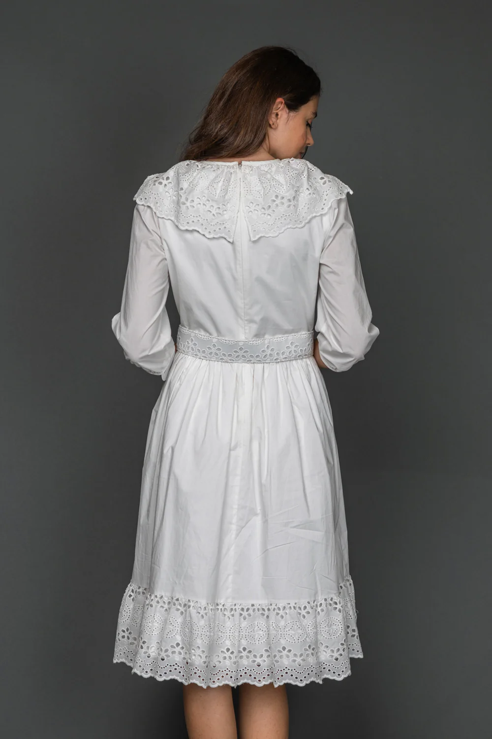 White Dress With Eyelet Detail And Belt - Image 2