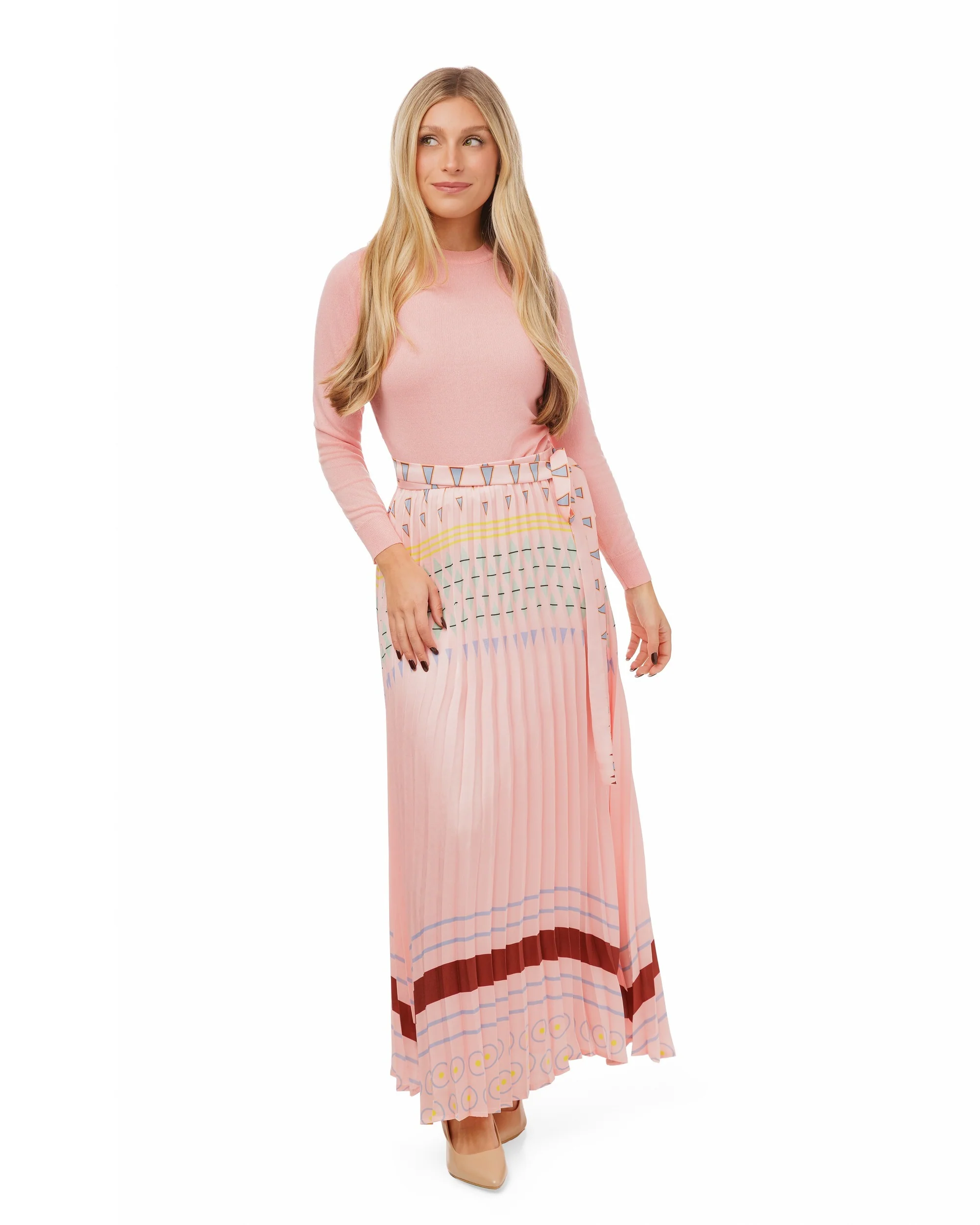 Light Pink Pleated Printed Skirt - Image 2