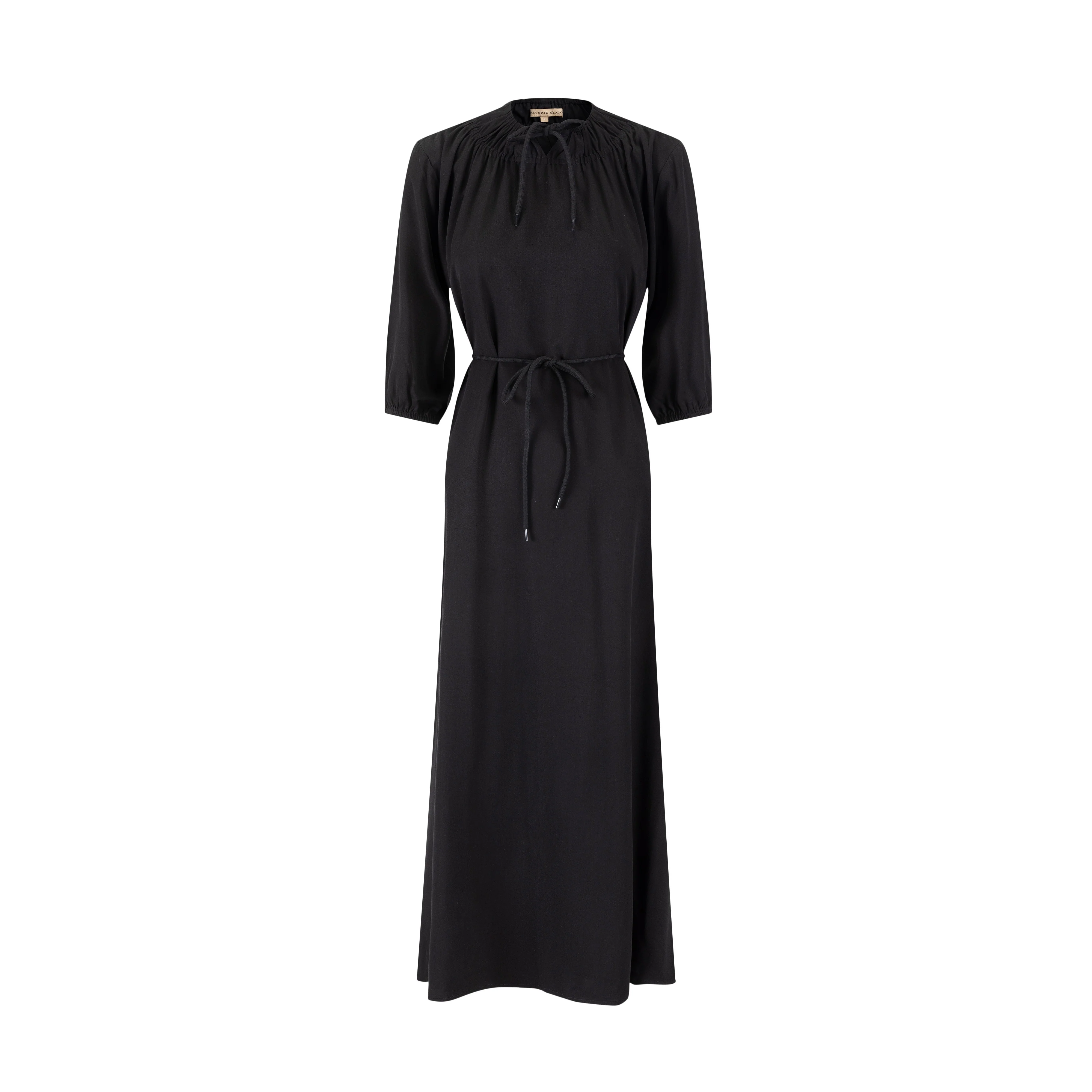 Linen Drawstring Neckline Dress - Black - Image 2