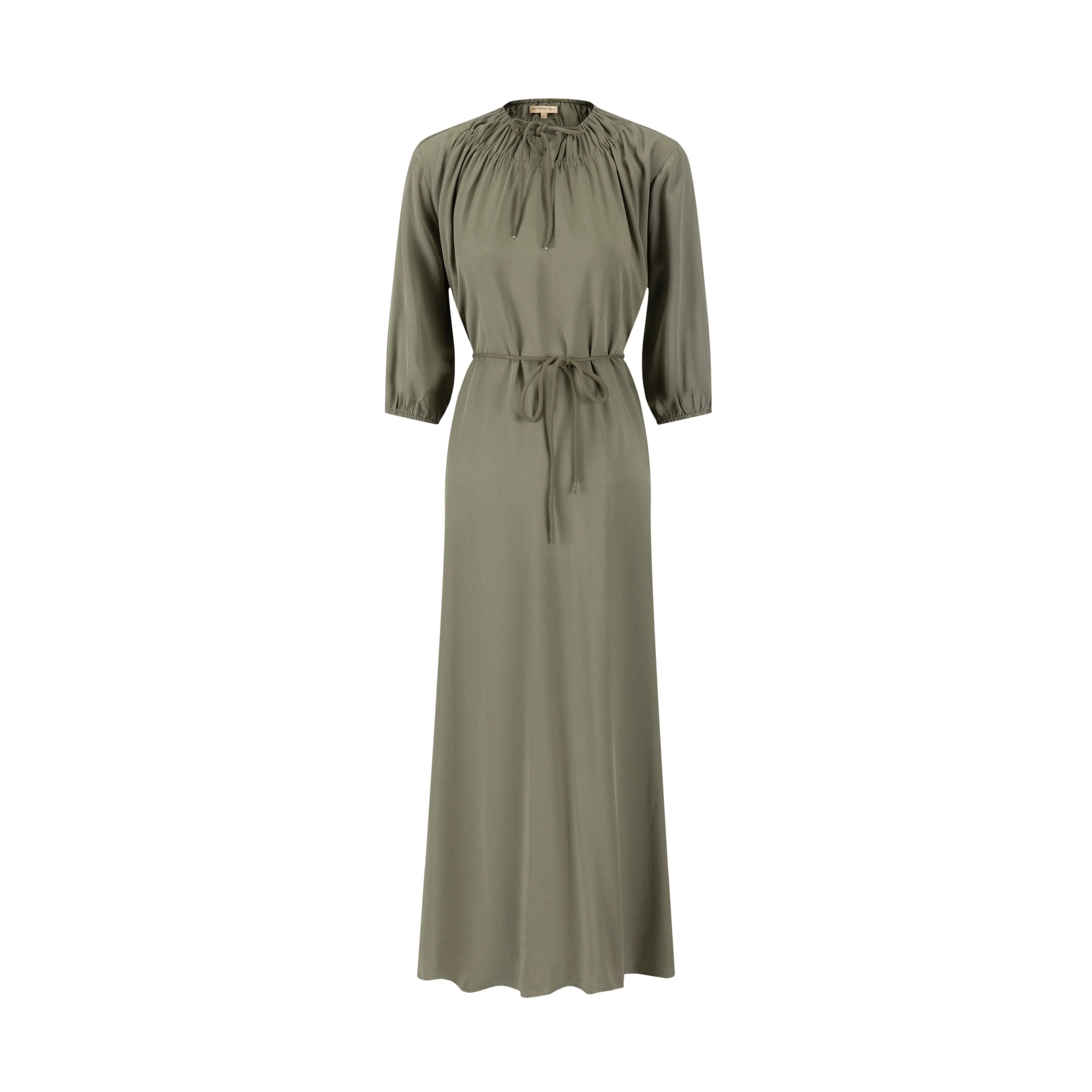 Linen Drawstring Neckline Dress - Green - Image 2