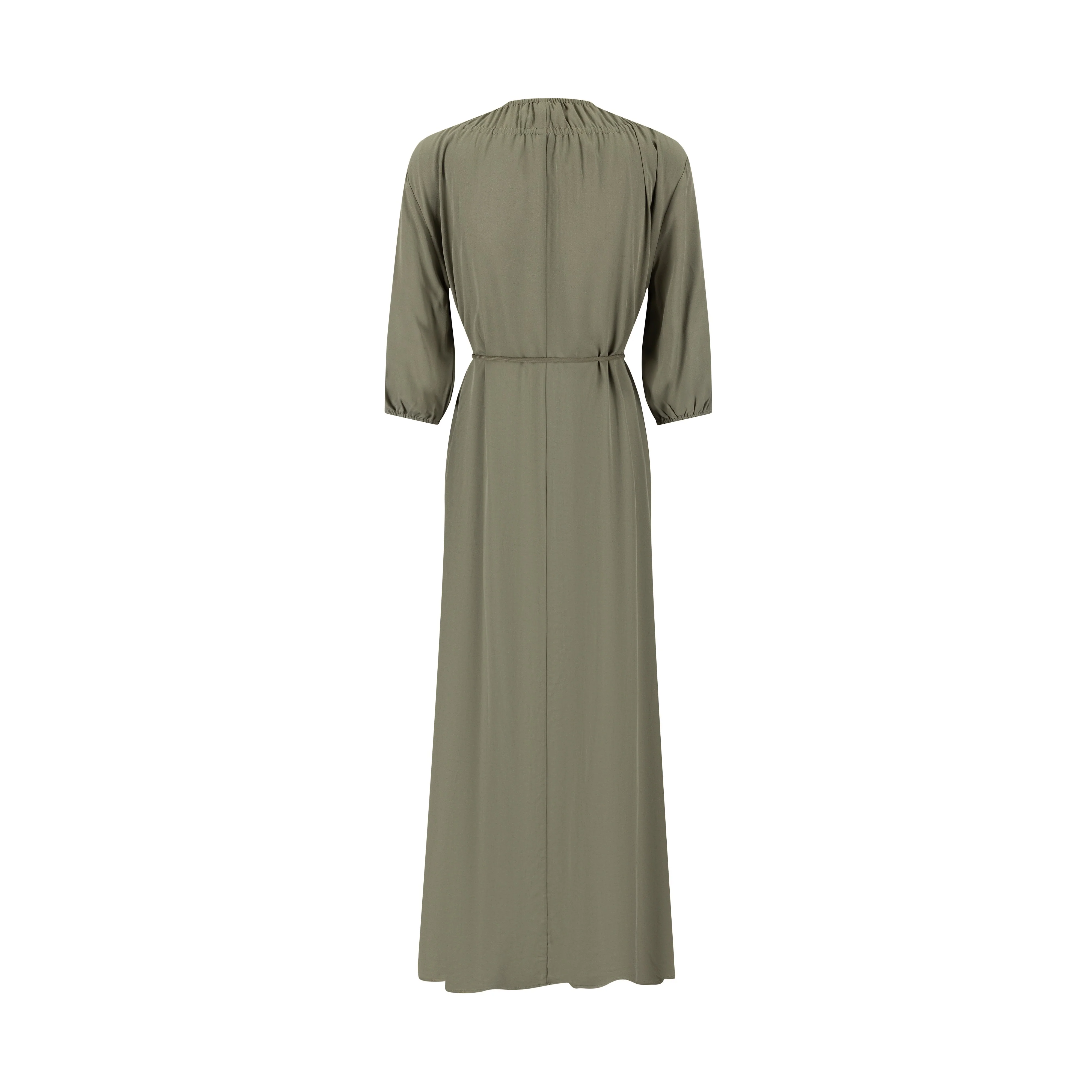 Linen Drawstring Neckline Dress - Green - Image 3