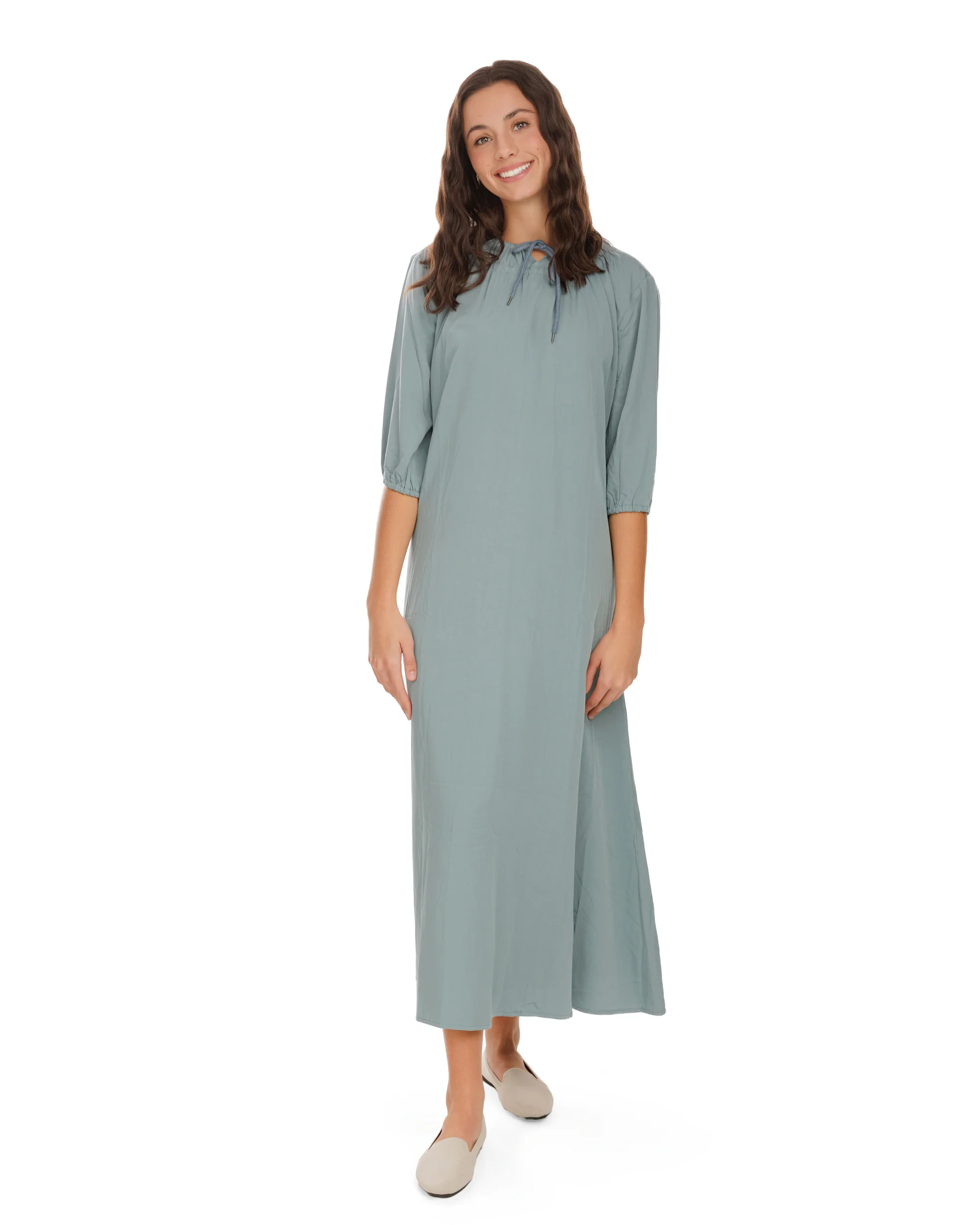 Linen Drawstring Neckline Dress - Sea Blue