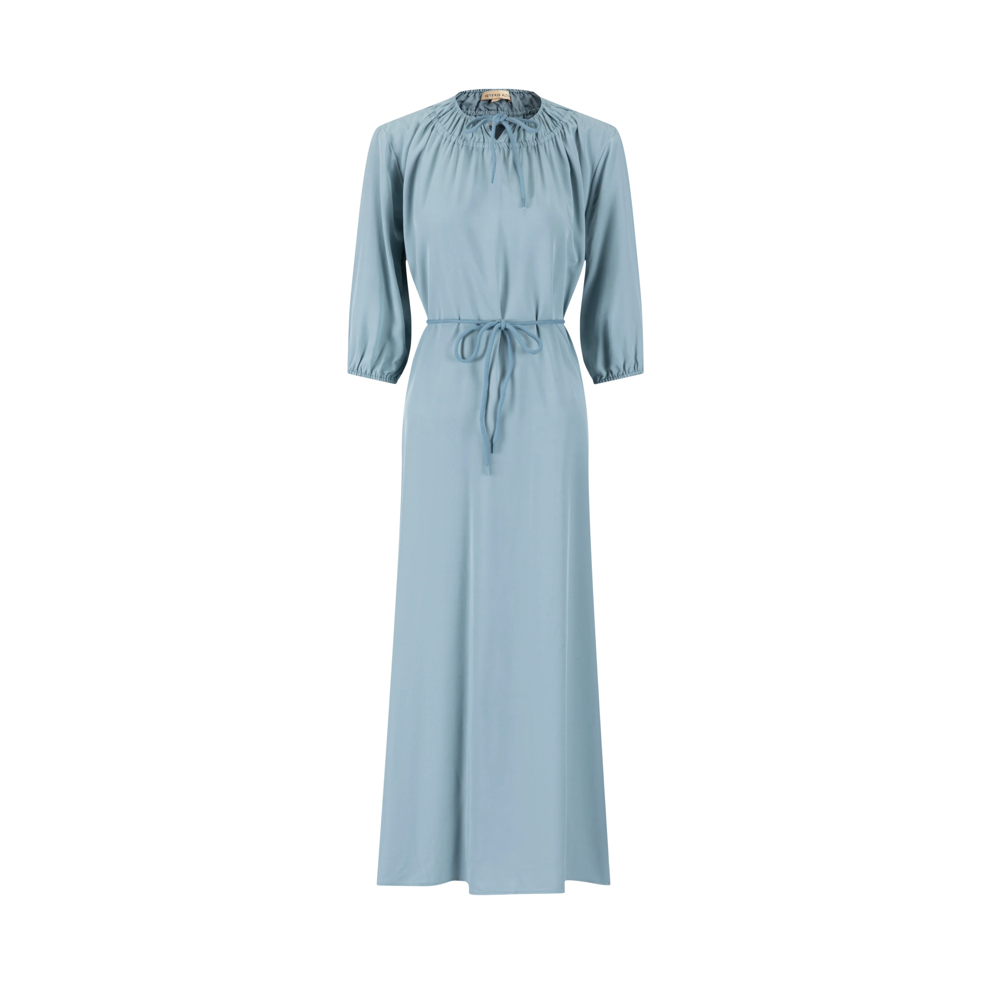 Linen Drawstring Neckline Dress - Sea Blue - Image 2