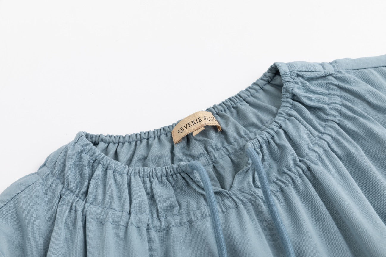 Linen Drawstring Neckline Dress - Sea Blue - Image 6