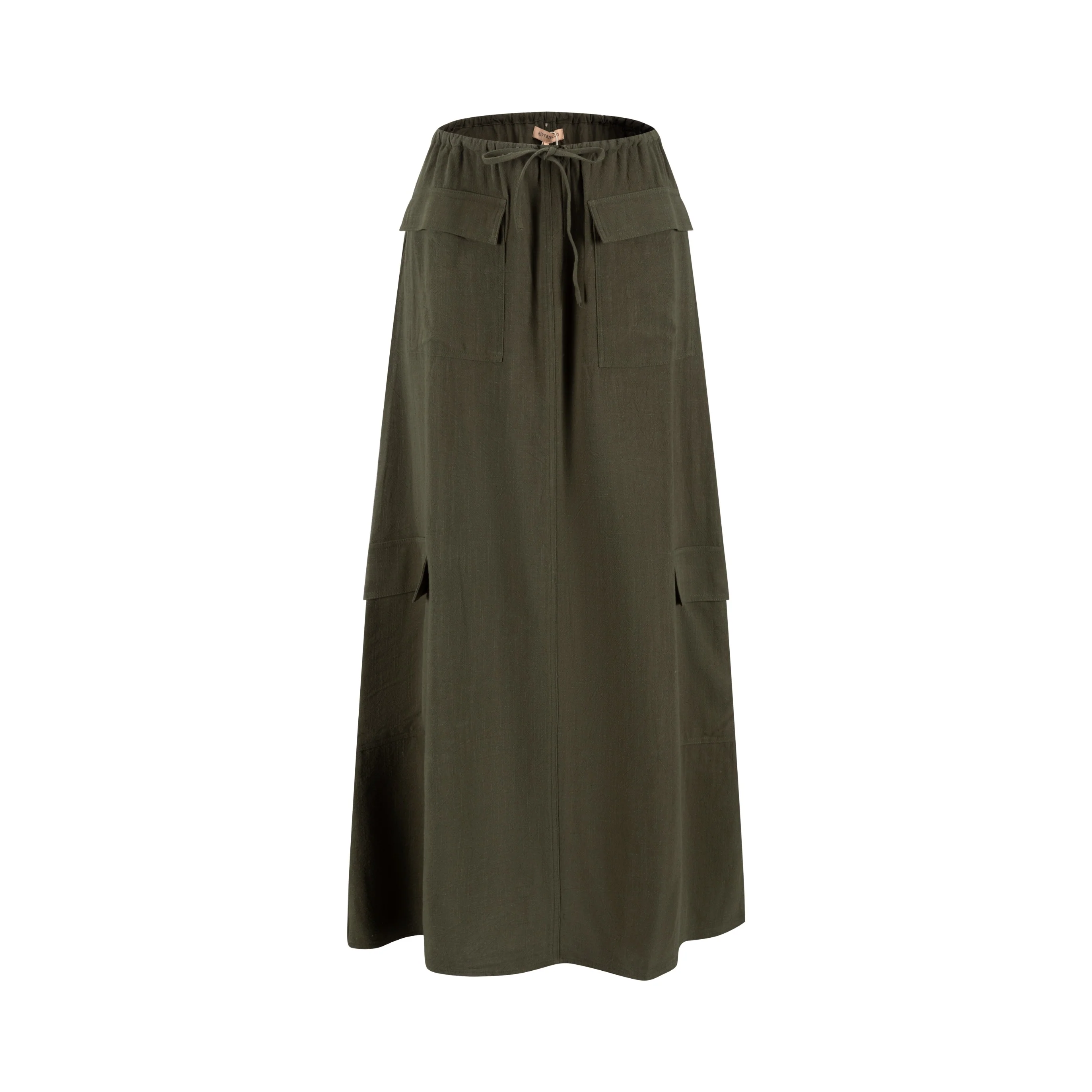 Linen Drawstring Pocket Skirt - Green Moss - Image 2