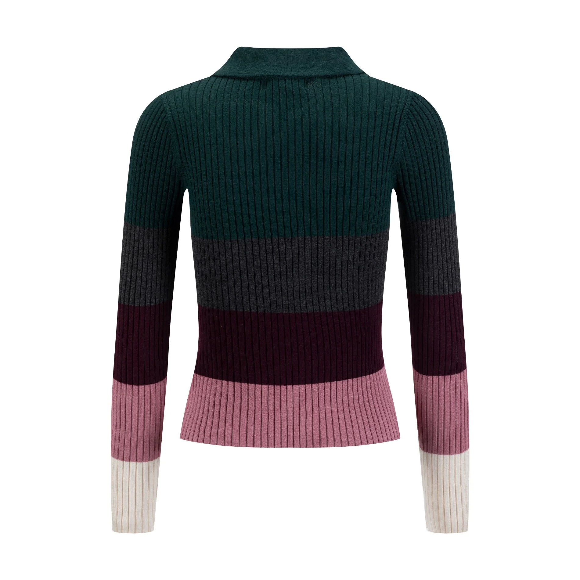 Multi Colored Striped Knit Shirt With Zipper - Burgundy - Image 2