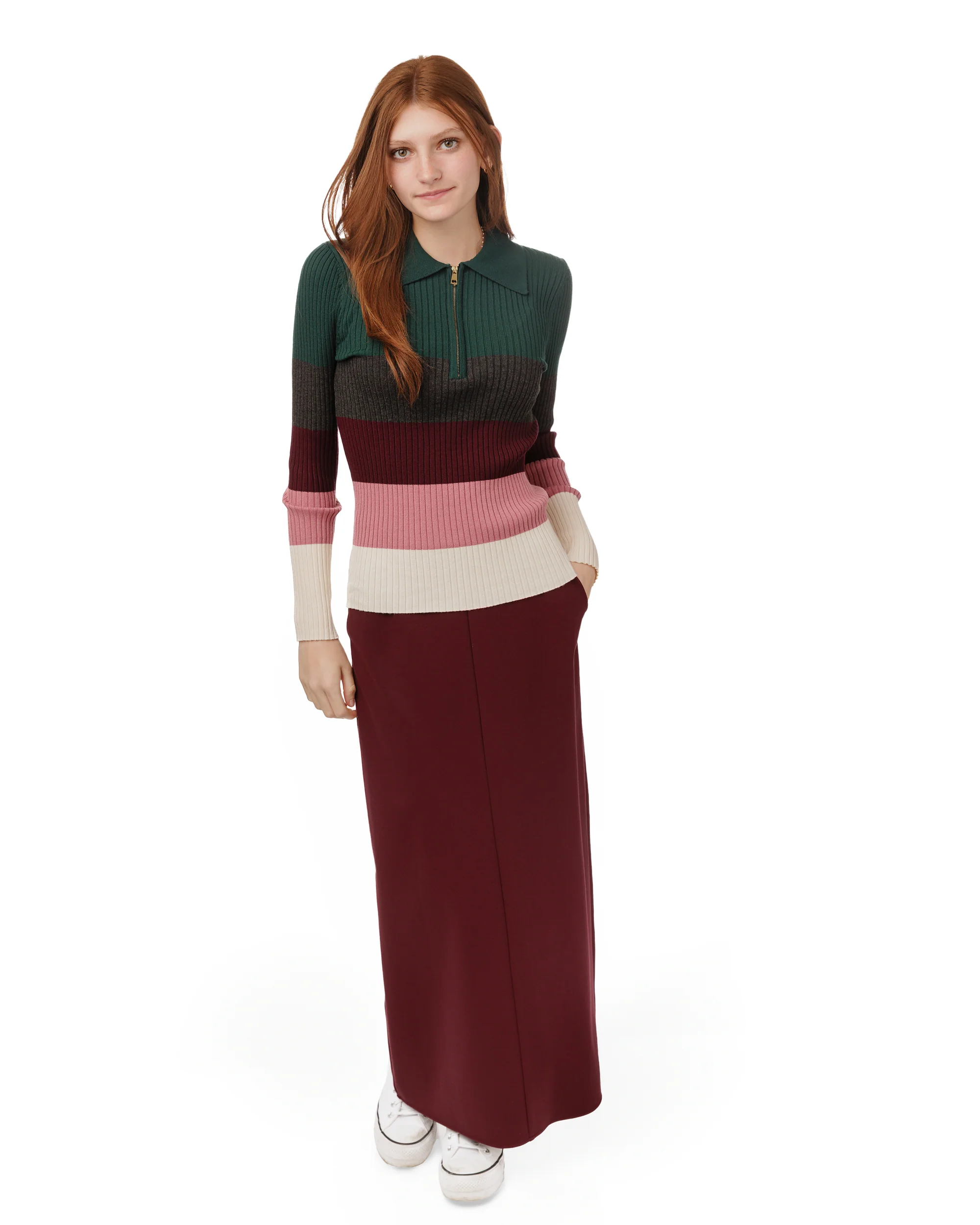 Multi Colored Striped Knit Shirt With Zipper - Burgundy - Image 3