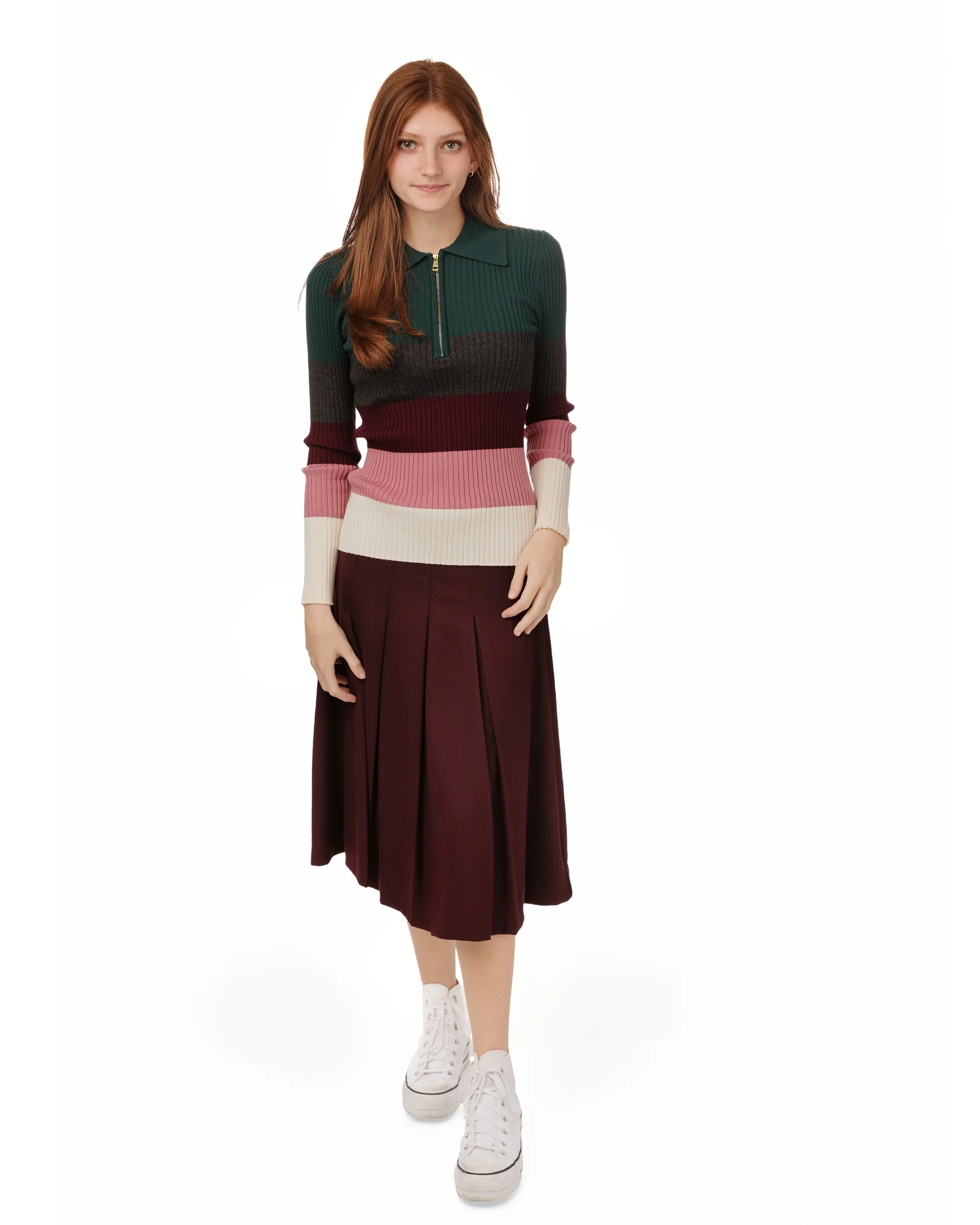 Multi Colored Striped Knit Shirt With Zipper - Burgundy - Image 7