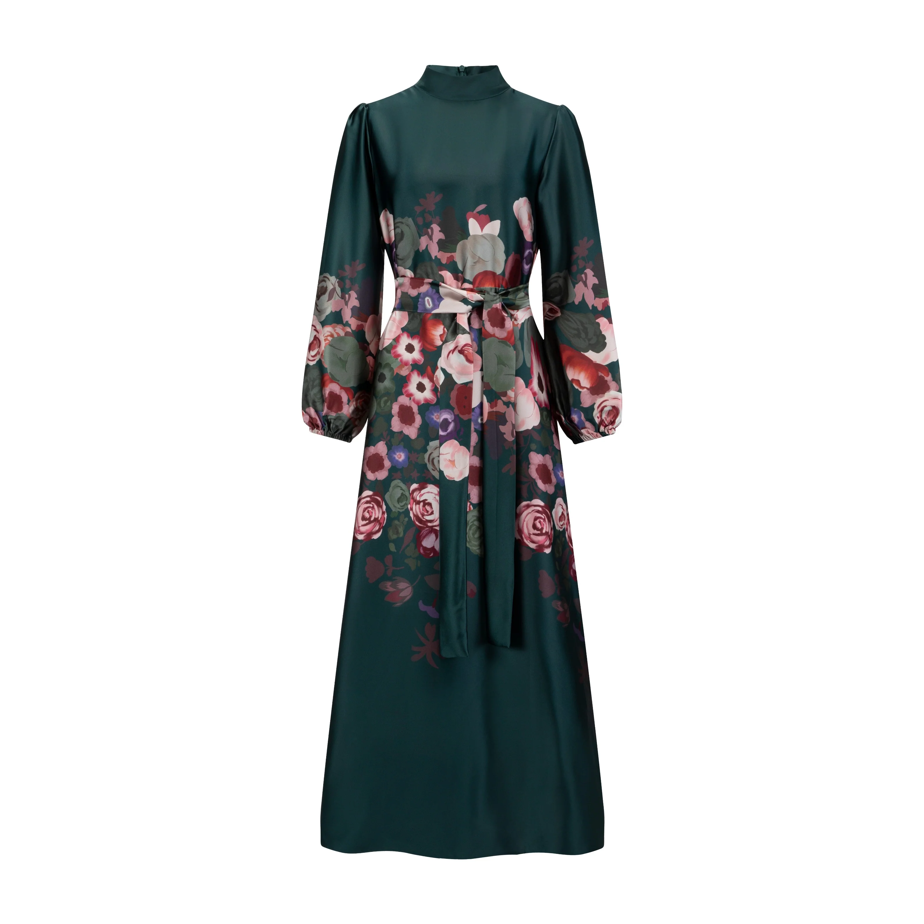 Multi Flower Printed Satin Dress - Emerald Green - Image 2