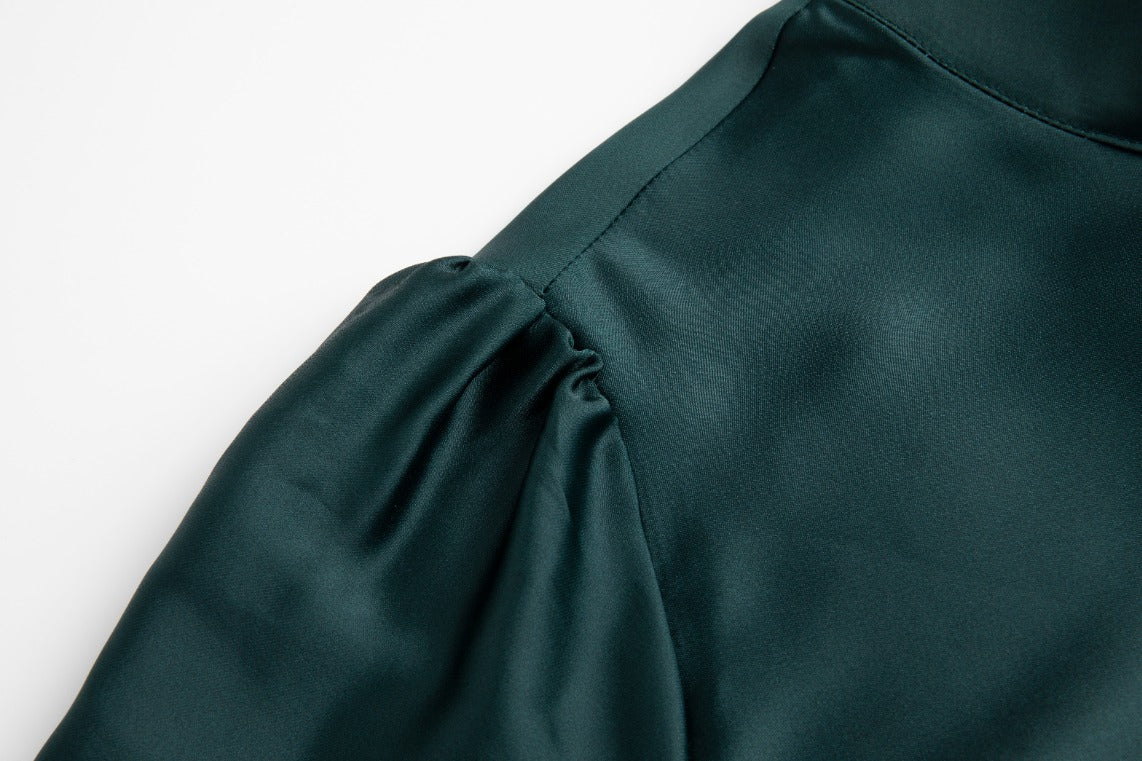 Multi Flower Printed Satin Dress - Emerald Green - Image 5