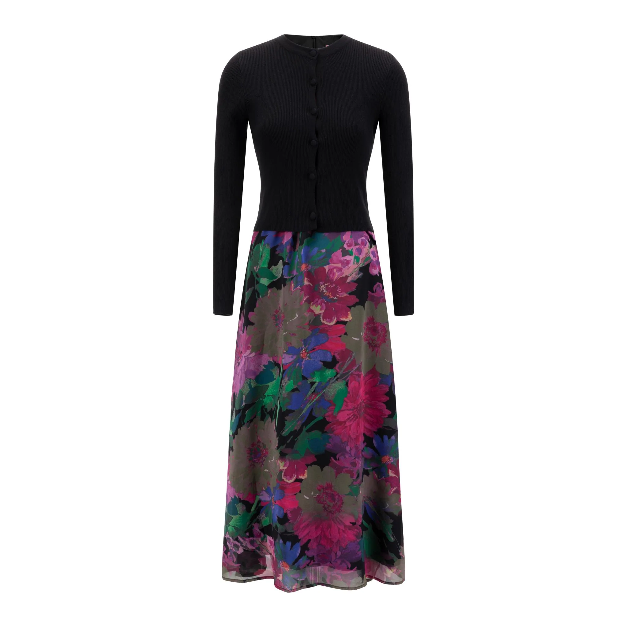 Multicolor Flower Printed Black Dress With Black Cardigan - Image 2