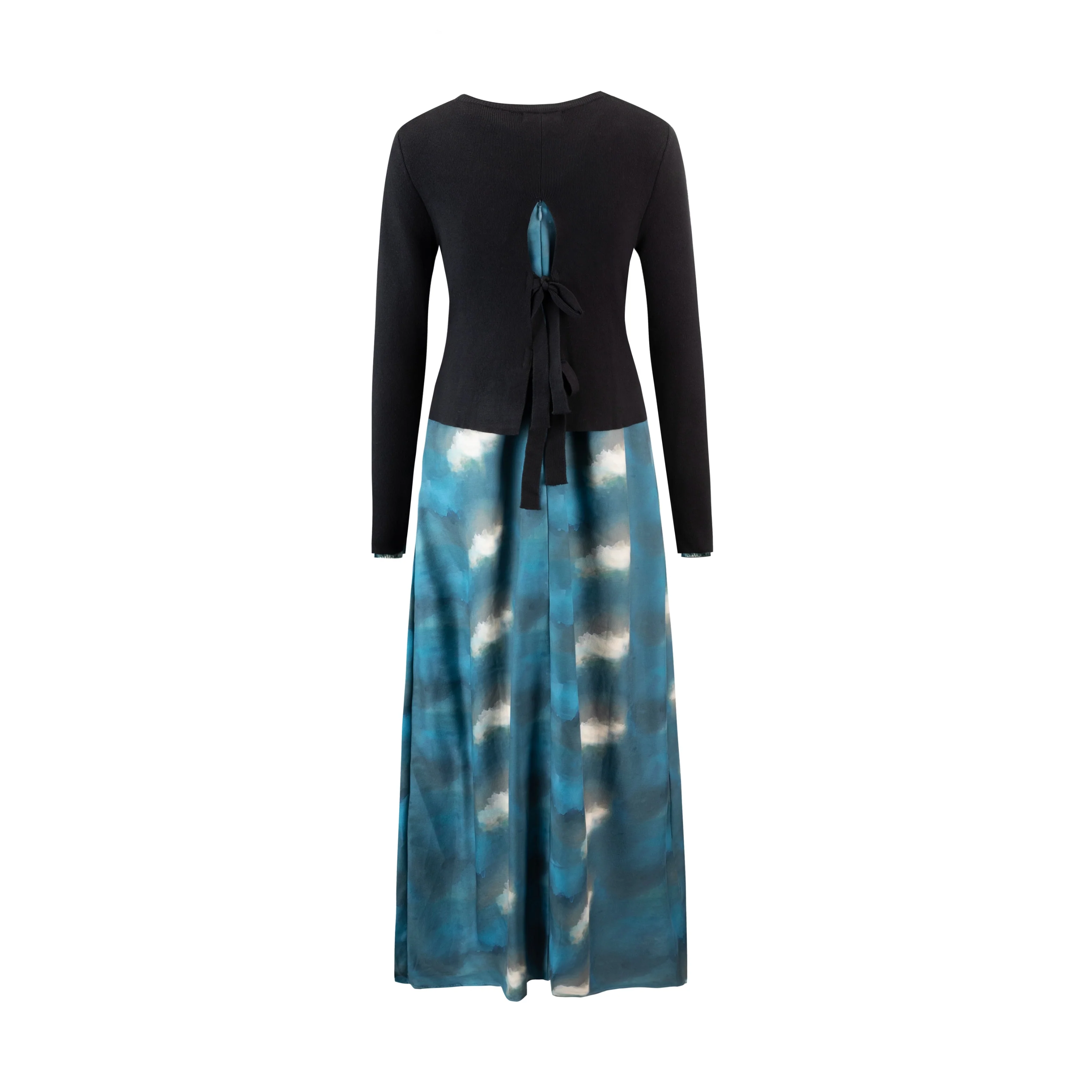 Ocean Blue Printed Dress With Knit Overlay - Image 3
